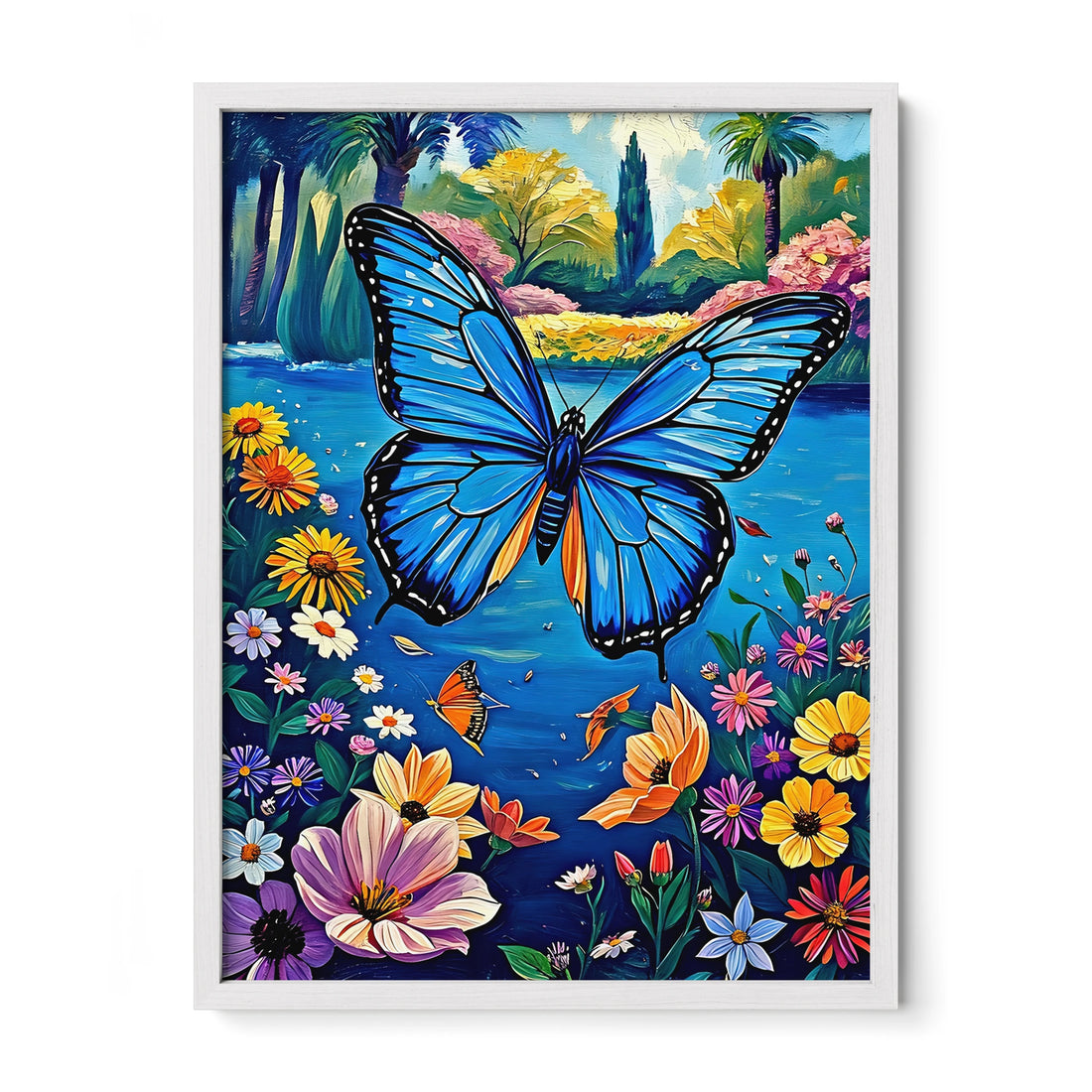 Flying Blue Butterfly-Framed Paper Print-452213 White Premium Oak No Mats Visual Wall Art Framed Print