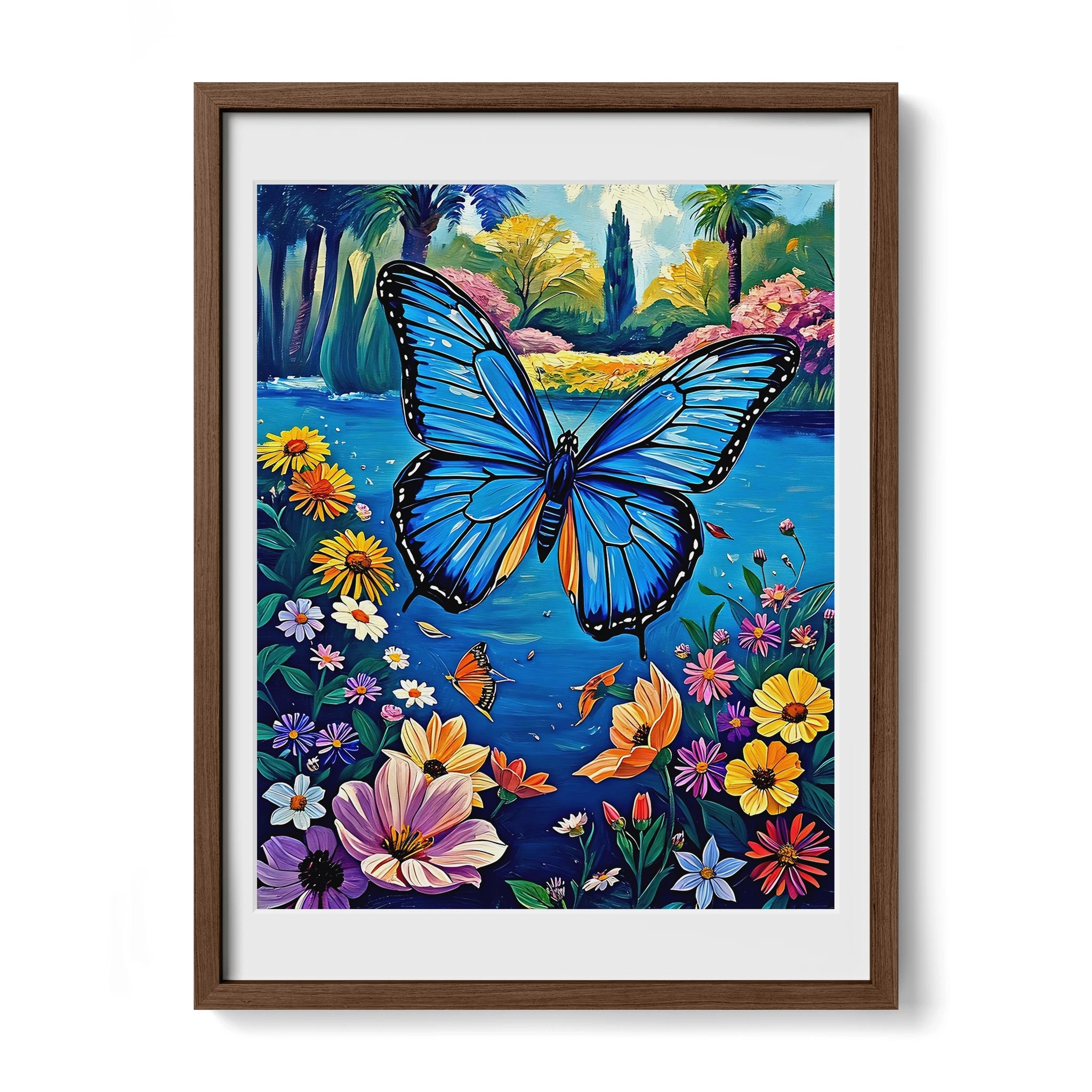 Flying Blue Butterfly-Framed Paper Print-452213 Walnut Premium Oak Mats Visual Wall Art Framed Print