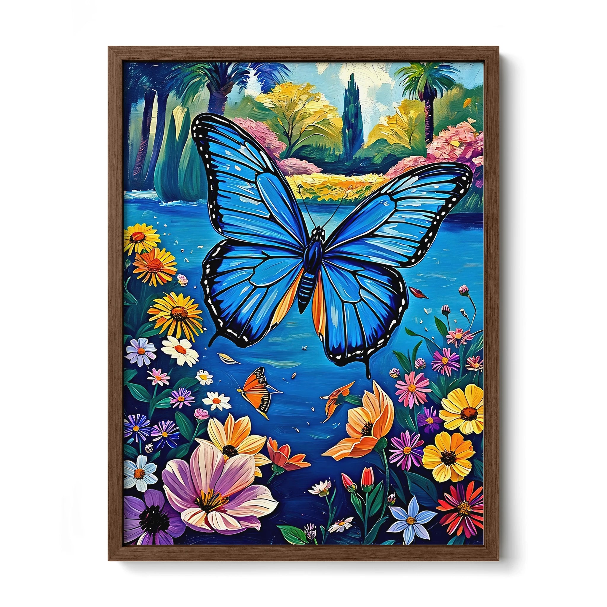 Flying Blue Butterfly-Framed Paper Print-452213 Walnut Premium Oak No Mats Visual Wall Art Framed Print