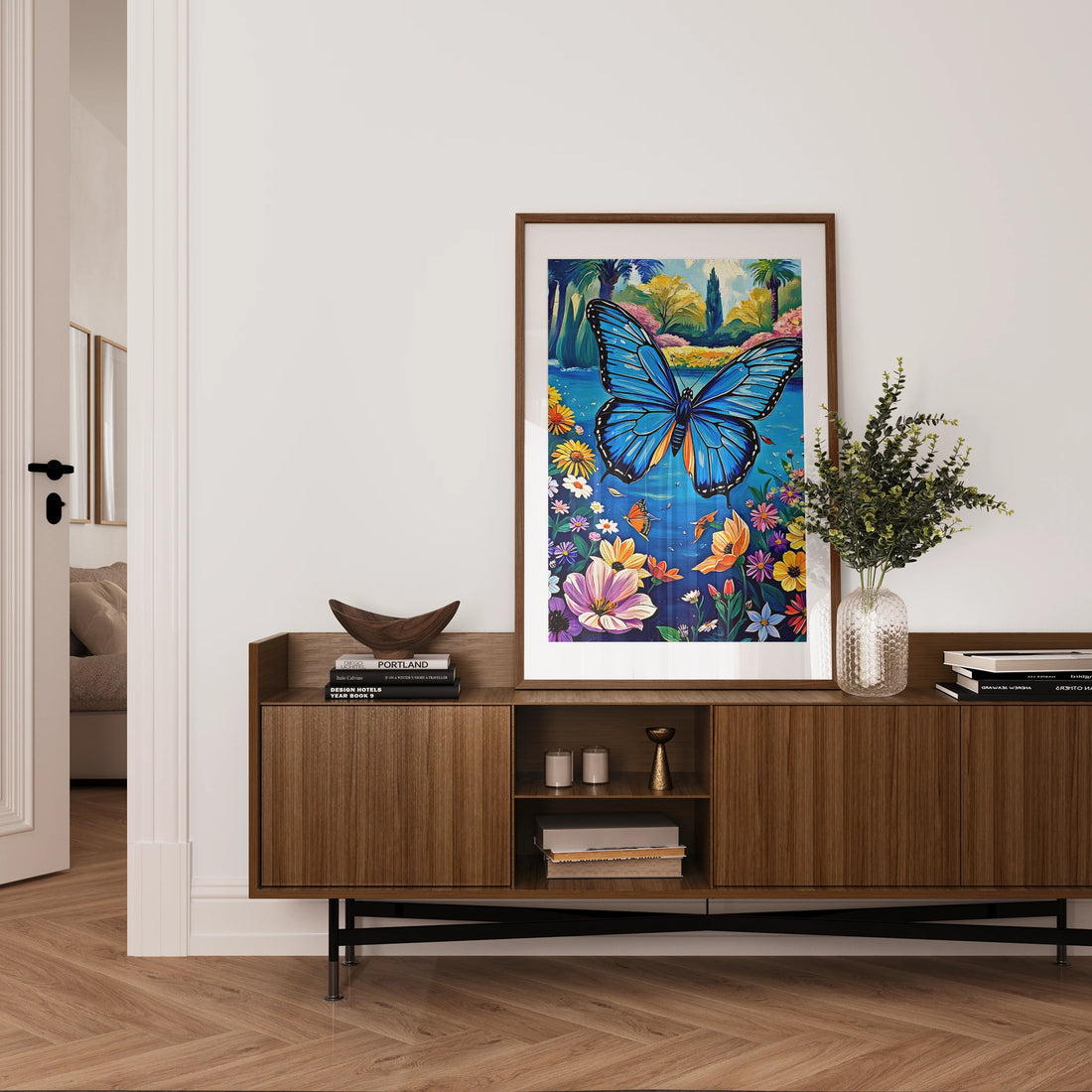 Flying Blue Butterfly-Framed Paper Print-452213 Visual Wall Art Framed Print
