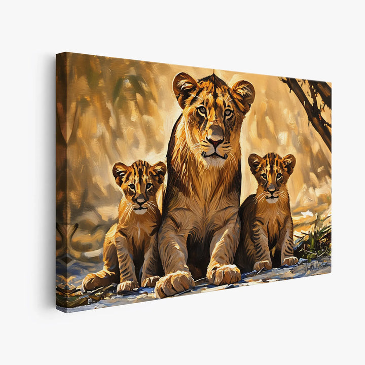 Canvas painting of a lioness with two cubs in a natural setting.