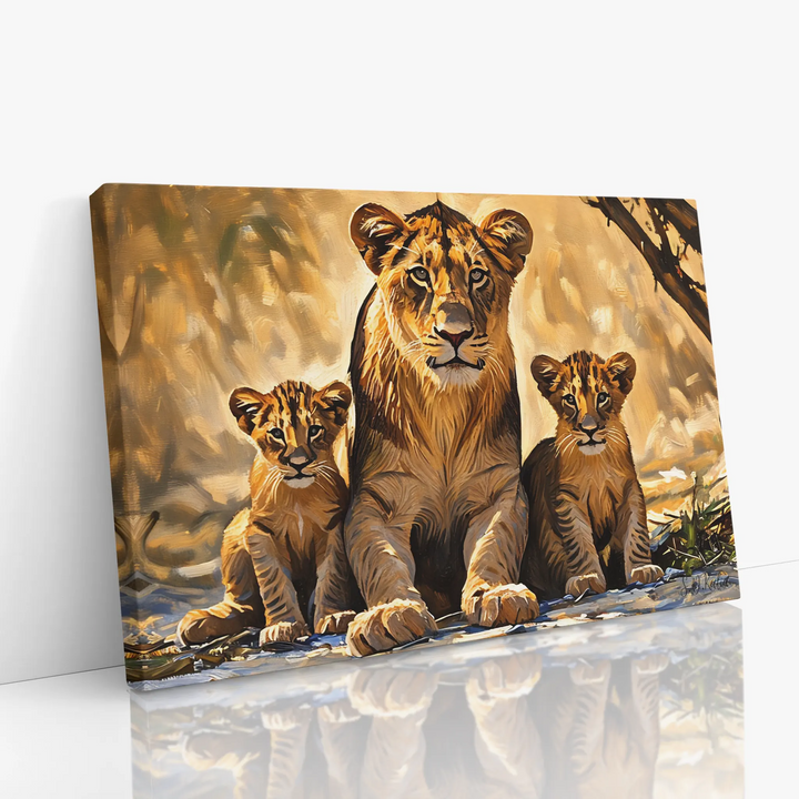 Canvas painting of a lioness with two cubs in a natural setting.