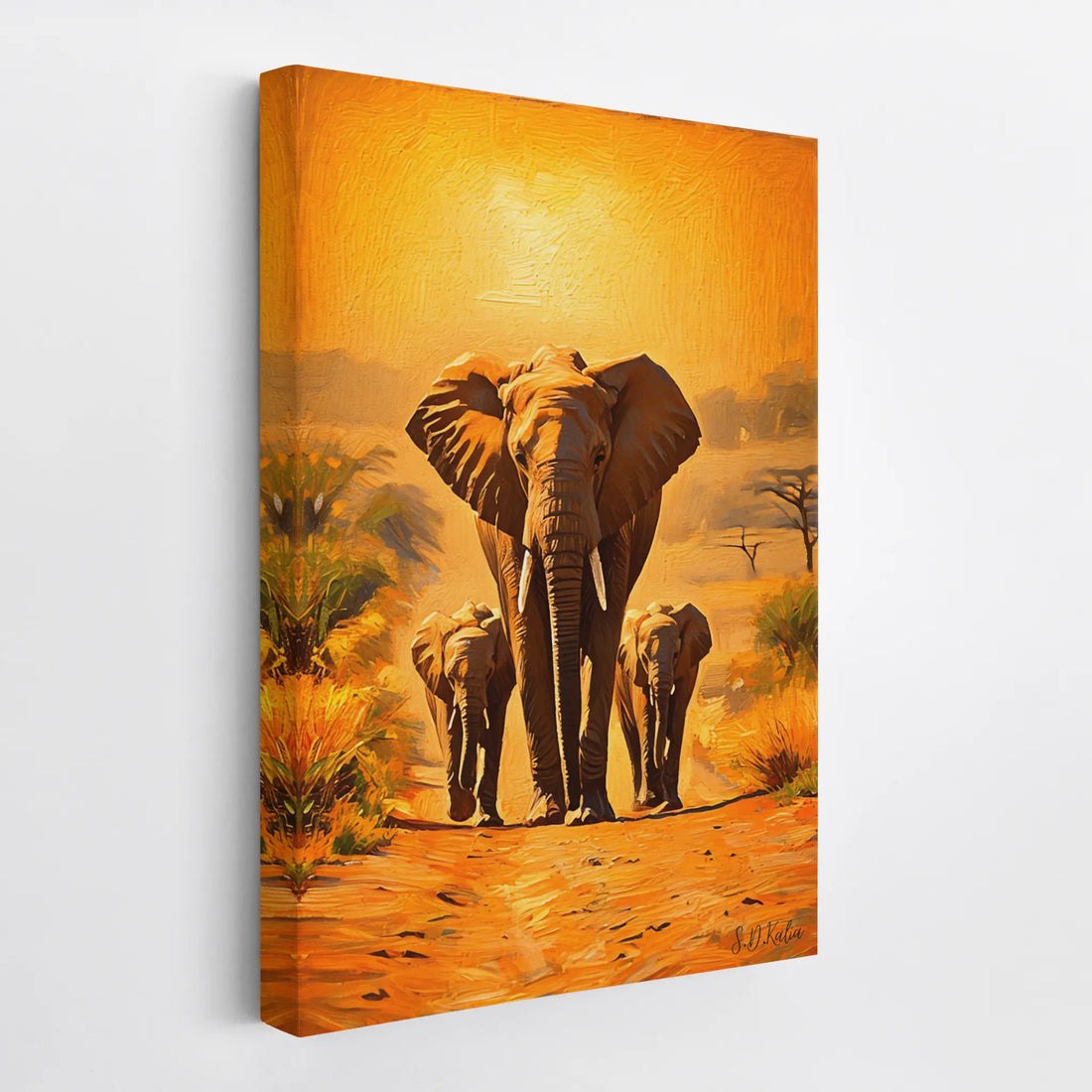 Golden March Elephant Family at Sunset Giclée Print 231020 Visual Wall Art AR2:3V Giclée Print