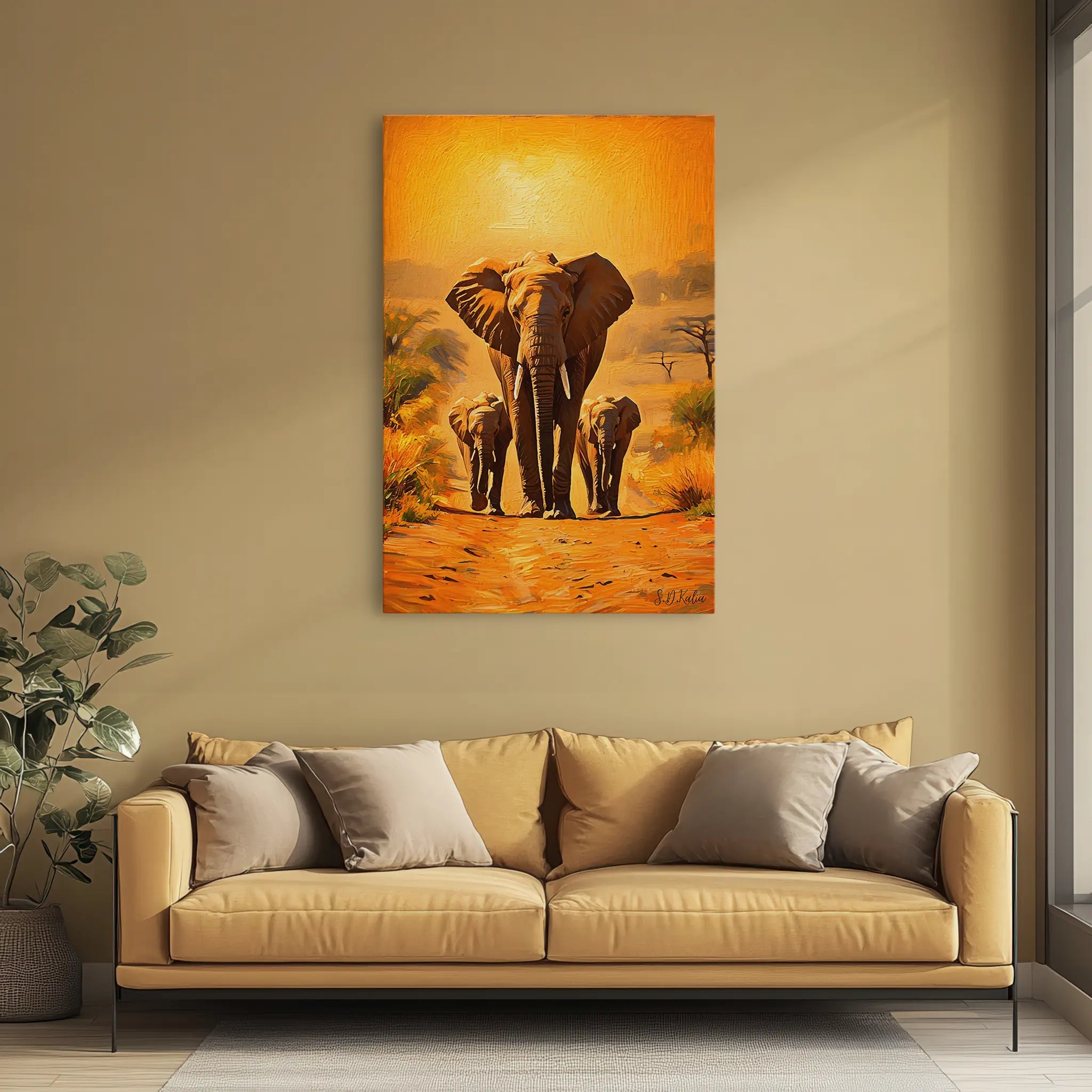 Golden March Elephant Family at Sunset Giclée Print 231020 Visual Wall Art AR2:3V Giclée Print