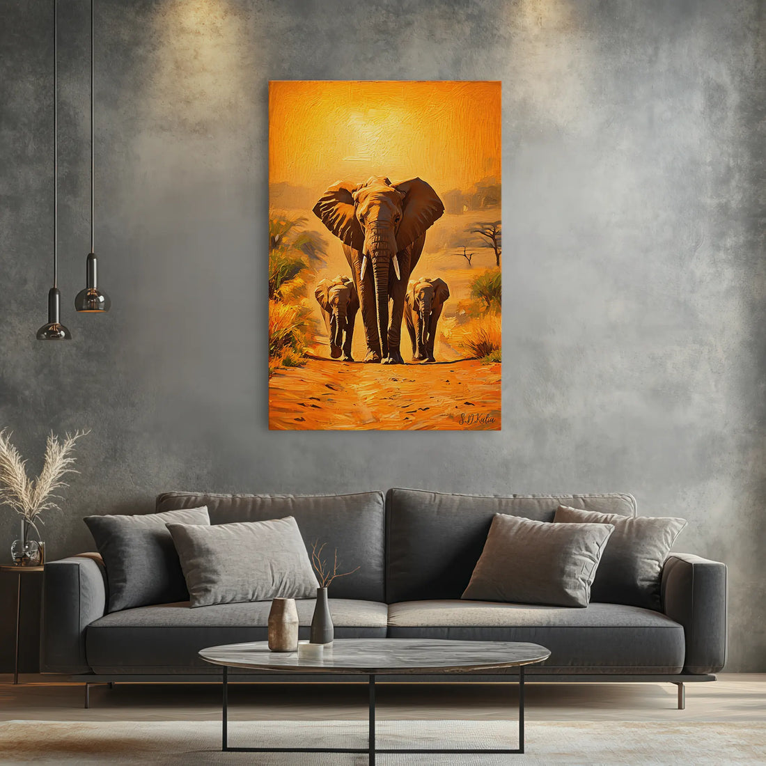 Golden March Elephant Family at Sunset Giclée Print 231020 Visual Wall Art AR2:3V Giclée Print