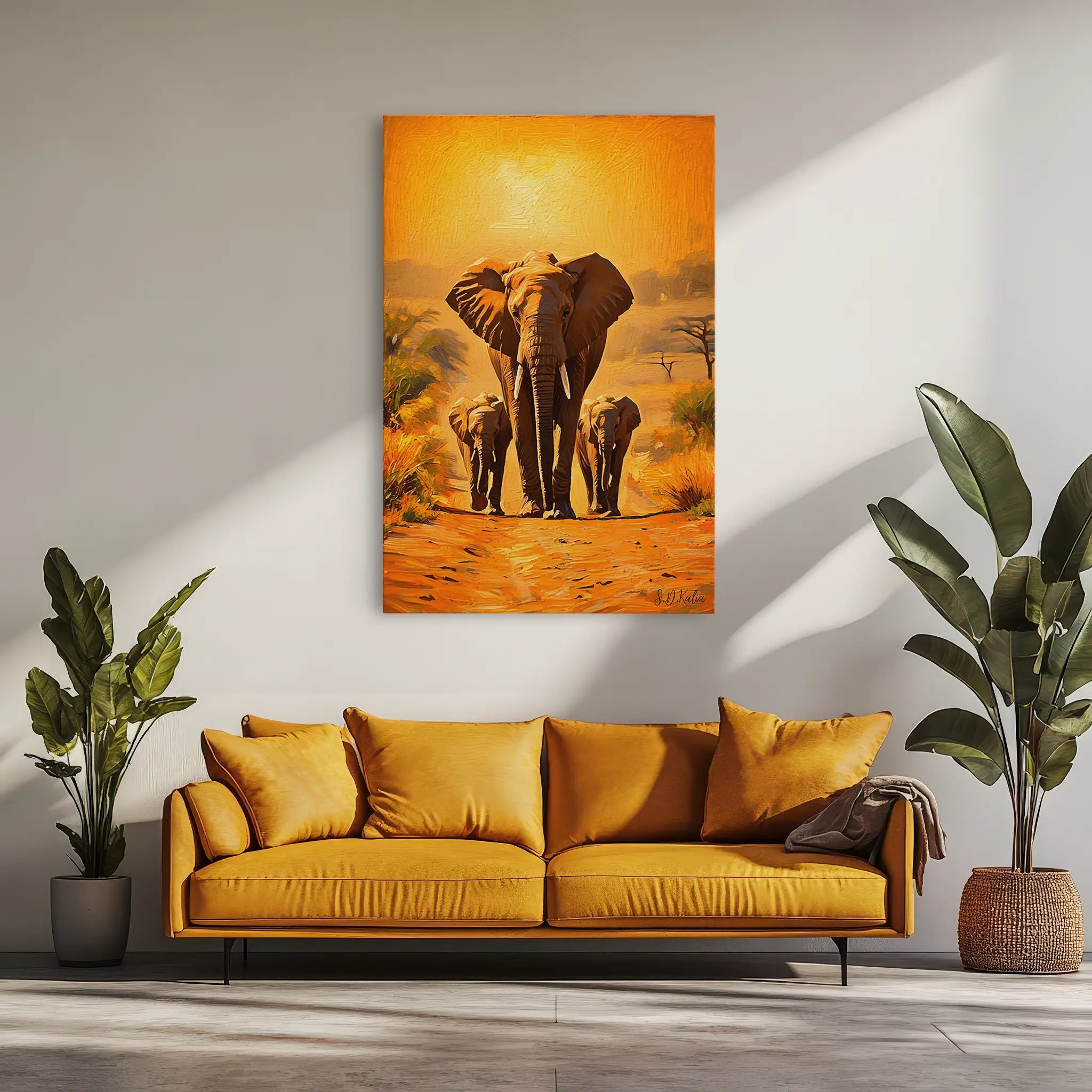 Golden March Elephant Family at Sunset Giclée Print 231020 Visual Wall Art AR2:3V Giclée Print