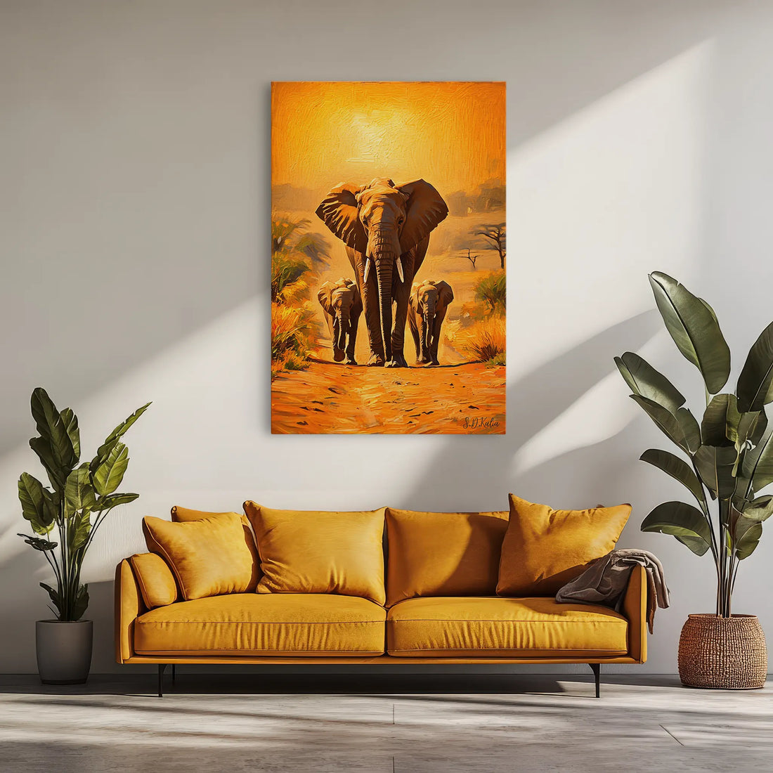 Golden March Elephant Family at Sunset Giclée Print 231020 Visual Wall Art AR2:3V Giclée Print