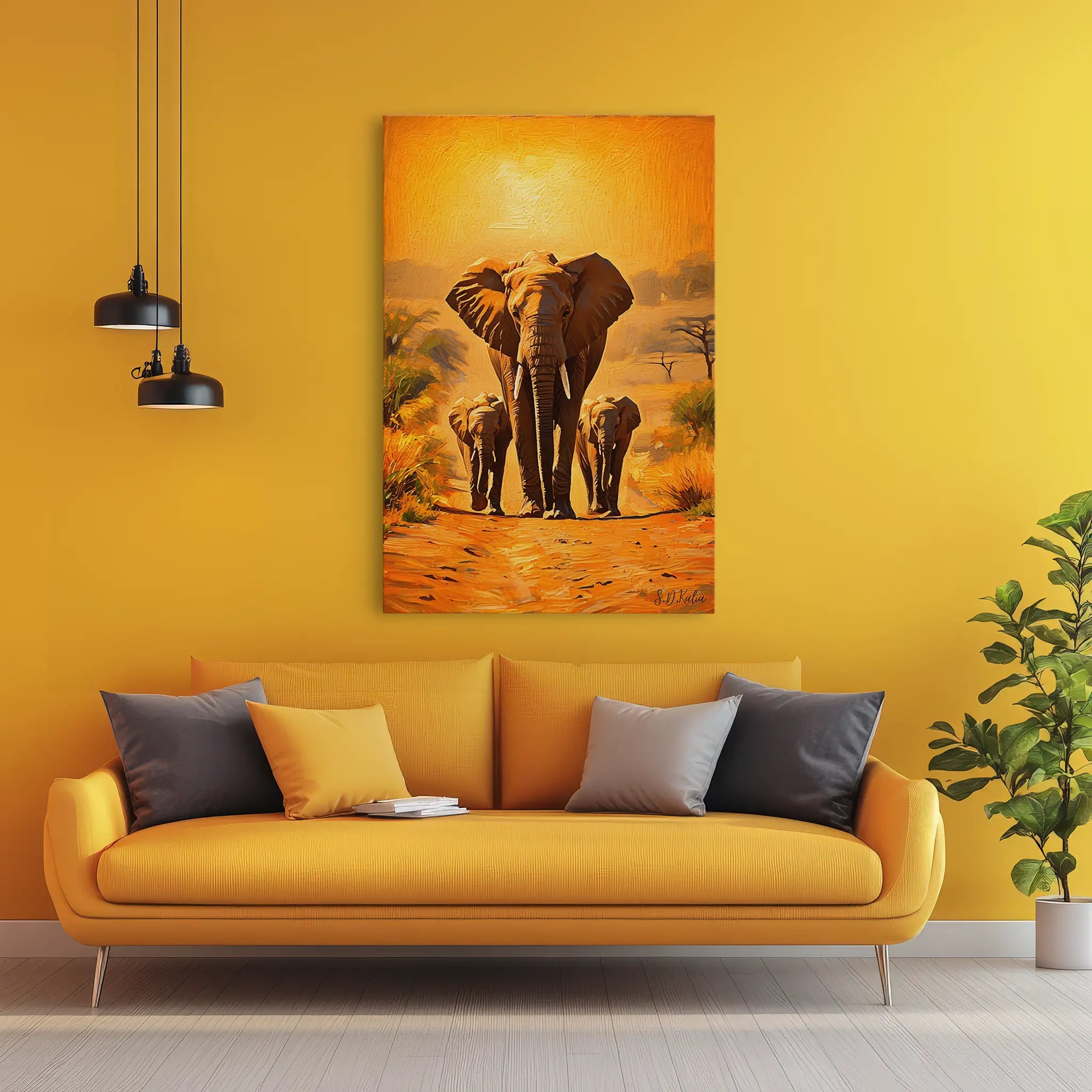 Golden March Elephant Family at Sunset Giclée Print 231020 Visual Wall Art AR2:3V Giclée Print