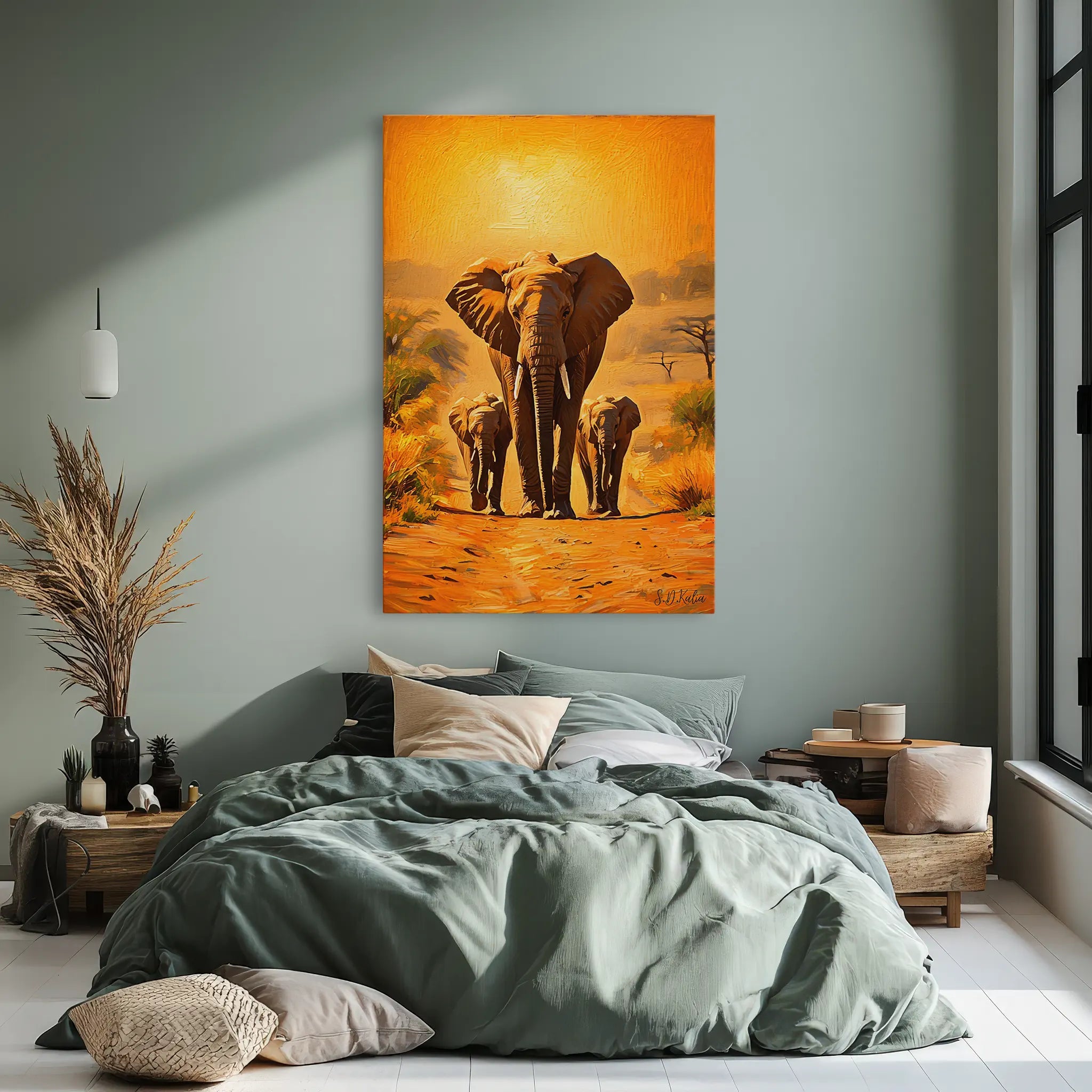 Golden March Elephant Family at Sunset Giclée Print 231020 Visual Wall Art AR2:3V Giclée Print