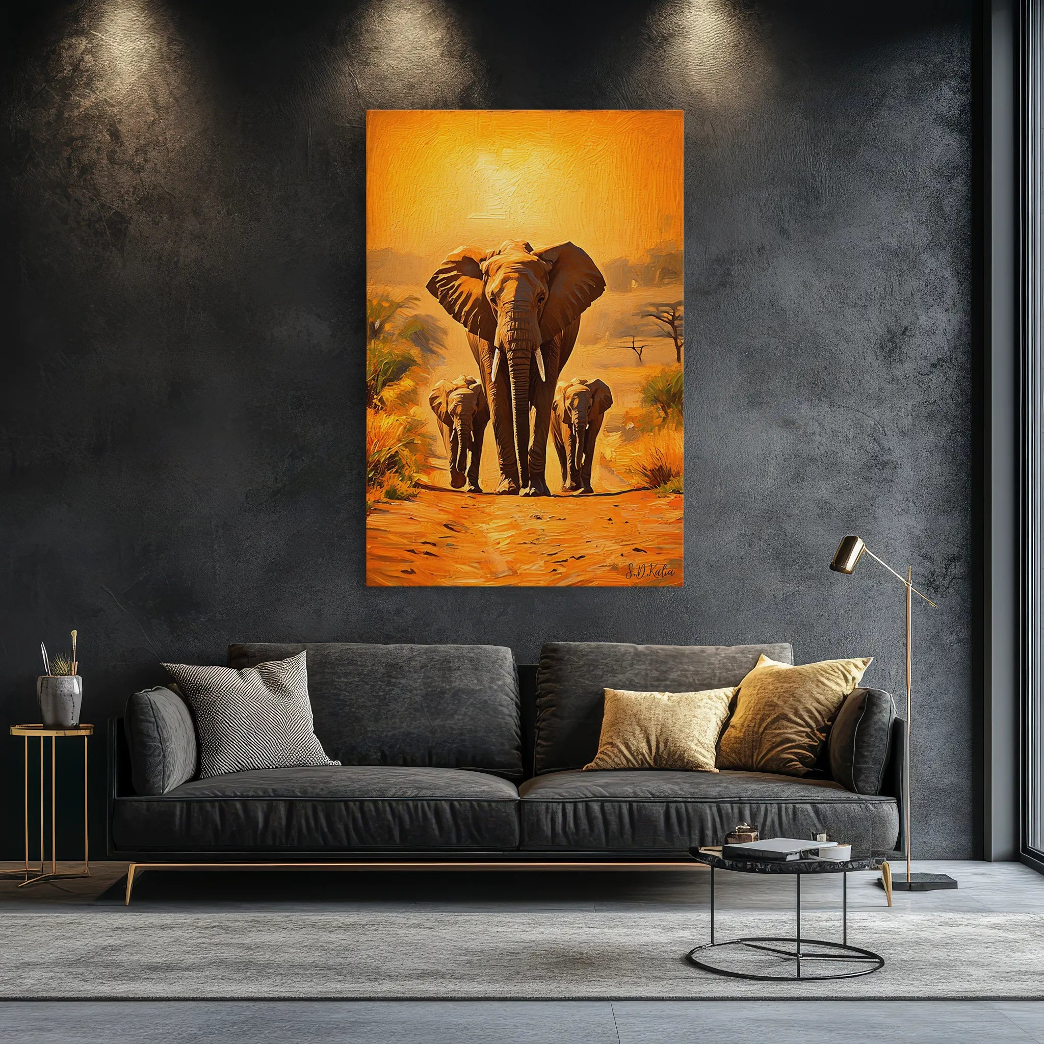 Golden March Elephant Family at Sunset Giclée Print 231020 Visual Wall Art AR2:3V Giclée Print