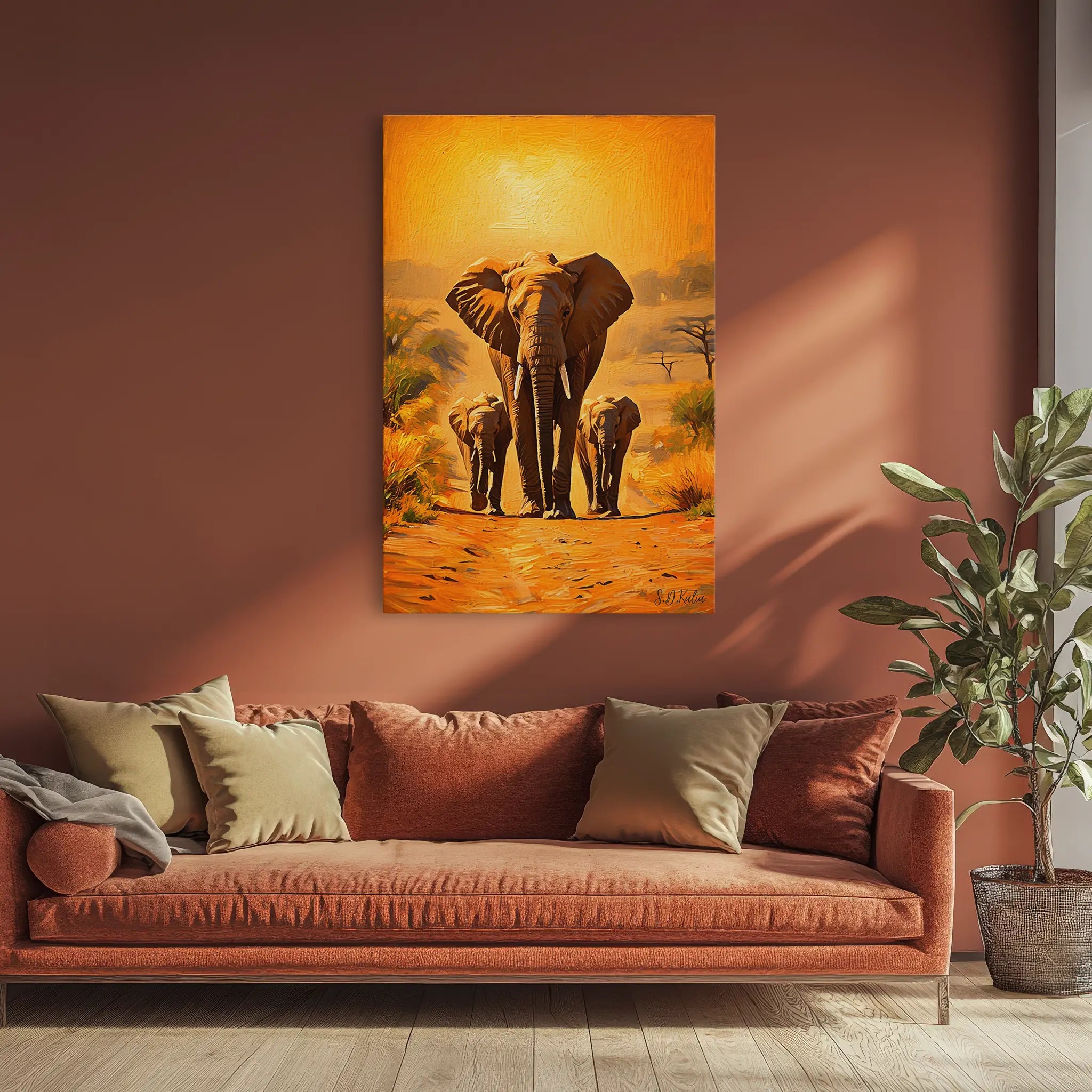 Golden March Elephant Family at Sunset Giclée Print 231020 Visual Wall Art AR2:3V Giclée Print