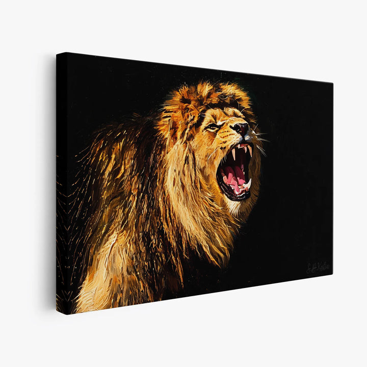 Canvas print of a roaring lion with a dark background.
