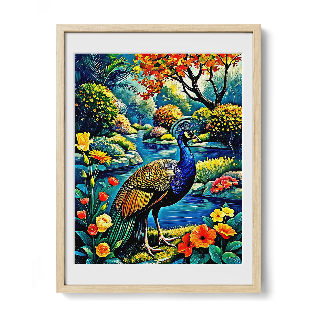 Indian Peafowl Pavo Cristatus-Framed Paper Print-452220 Natural Premium Oak Mats Visual Wall Art Framed Print