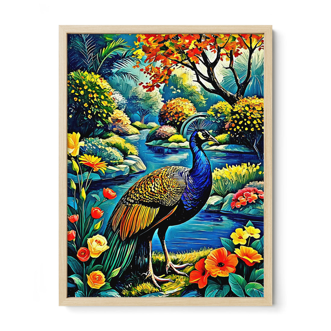 Indian Peafowl Pavo Cristatus-Framed Paper Print-452220 Natural Premium Oak No Mats Visual Wall Art Framed Print