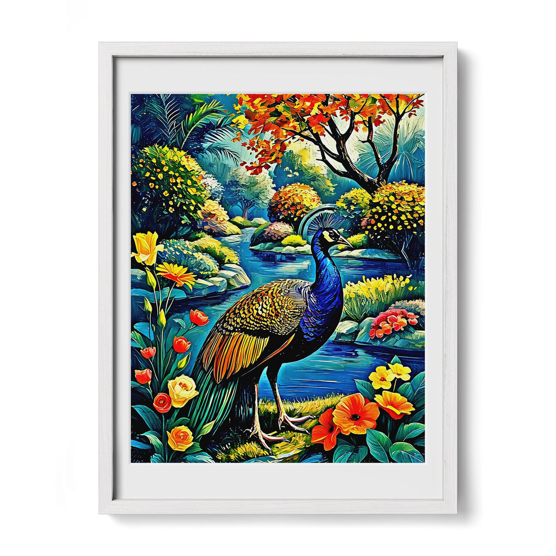 Indian Peafowl Pavo Cristatus-Framed Paper Print-452220 White Premium Oak Mats Visual Wall Art Framed Print