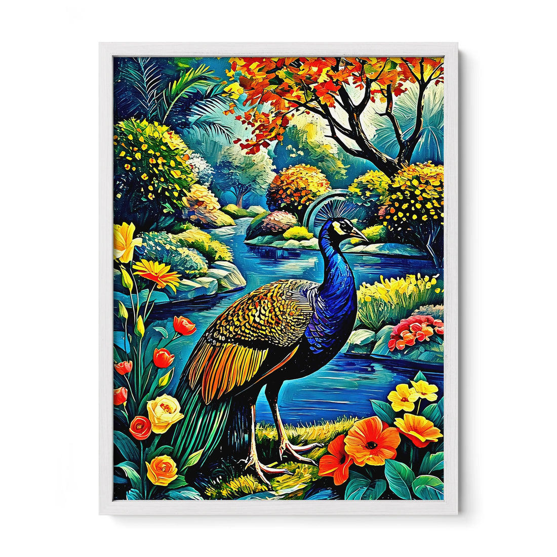 Indian Peafowl Pavo Cristatus-Framed Paper Print-452220 White Premium Oak No Mats Visual Wall Art Framed Print