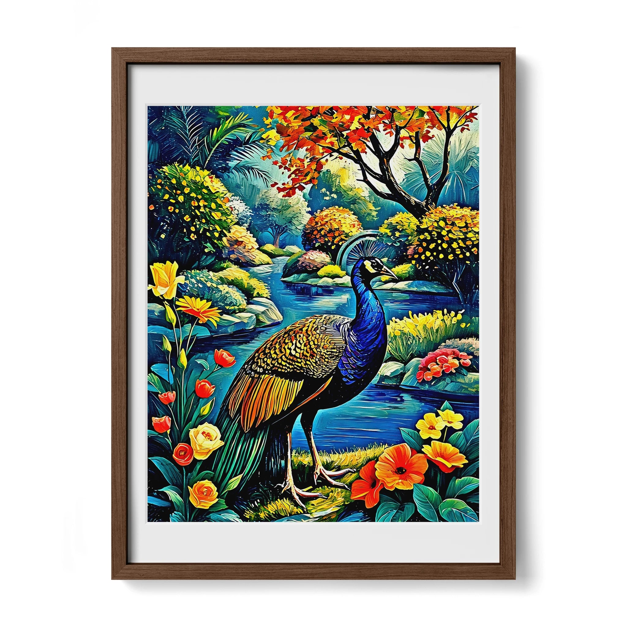 Indian Peafowl Pavo Cristatus-Framed Paper Print-452220 Walnut Premium Oak Mats Visual Wall Art Framed Print