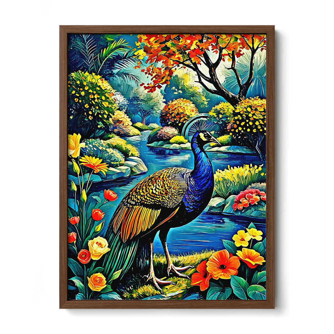 Indian Peafowl Pavo Cristatus-Framed Paper Print-452220 Walnut Premium Oak No Mats Visual Wall Art Framed Print