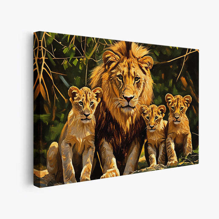 Painting of a lion with three cubs in a natural setting.