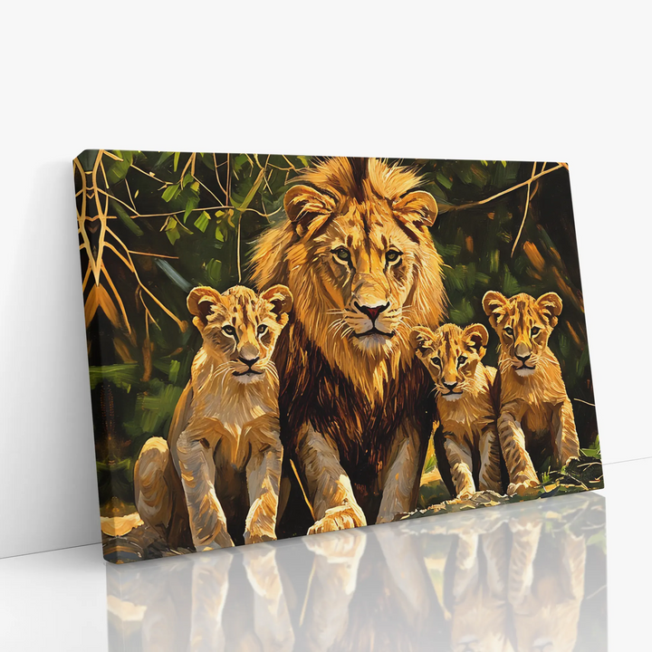 Canvas painting of a lion with three cubs in a forest setting.