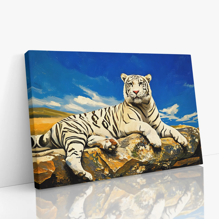 Canvas print of a white tiger resting on rocks under a blue sky.