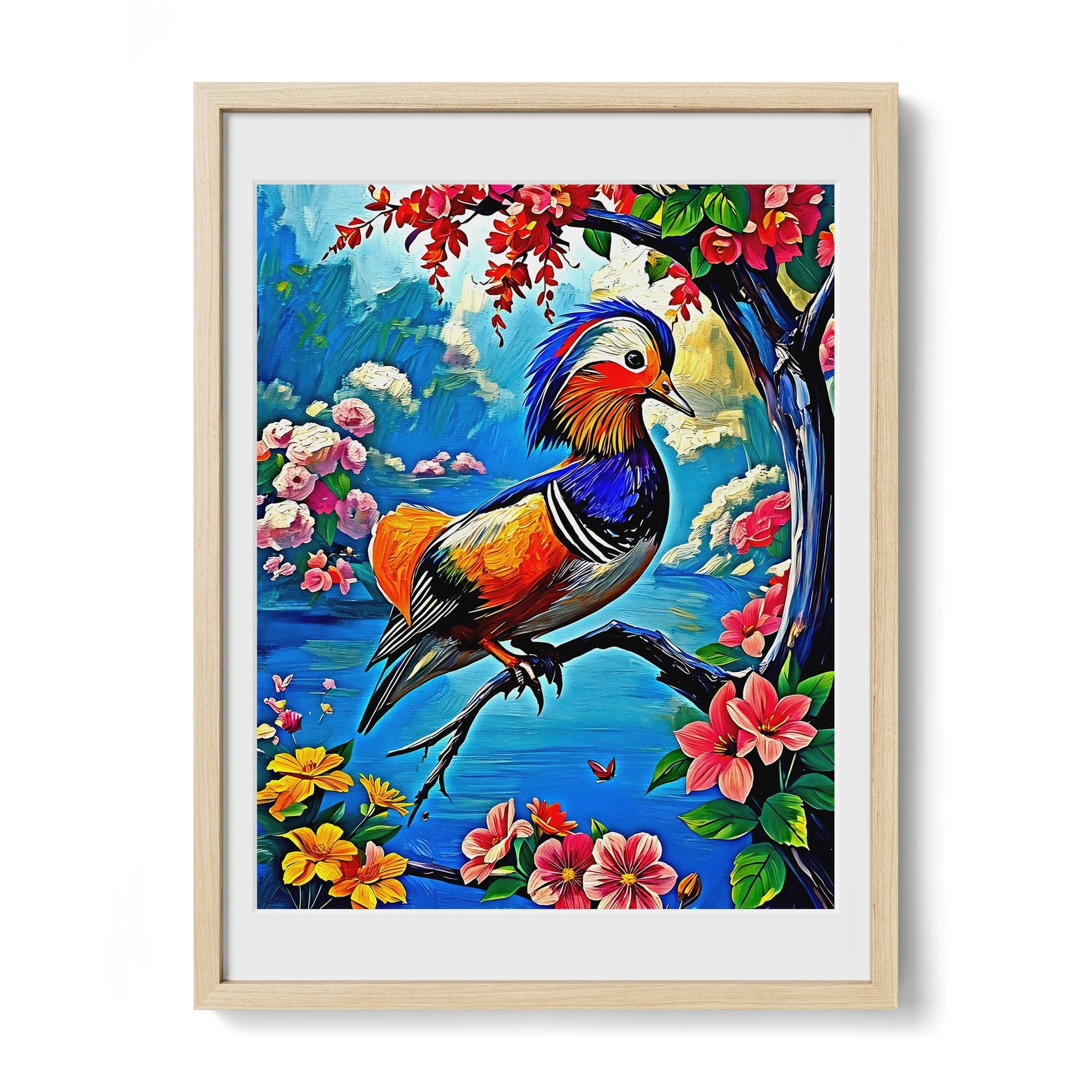 Mandarin Duck Aix Galericulata-Framed Paper Print-452223 Natural Premium Oak Mats Visual Wall Art Framed Print