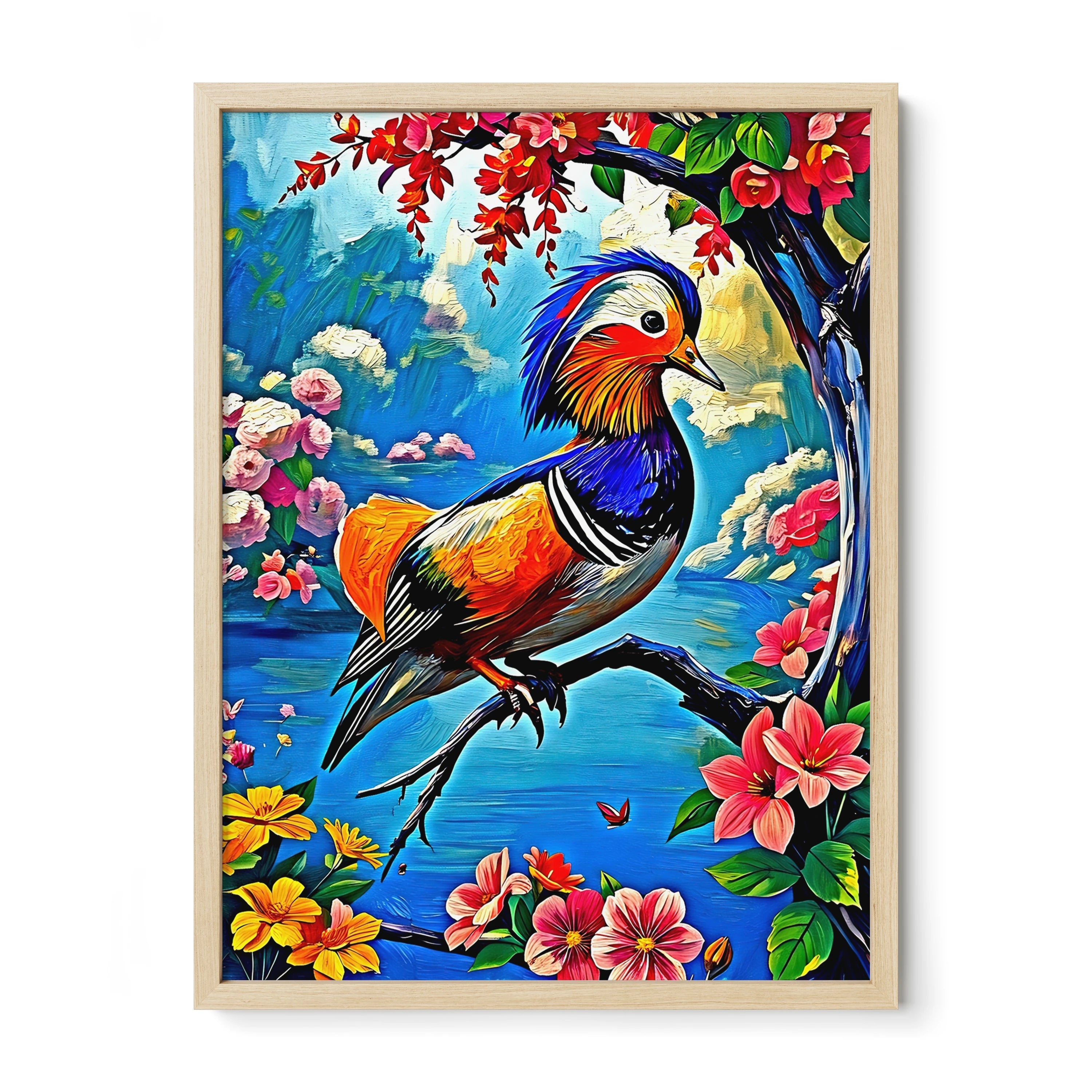 Mandarin Duck Aix Galericulata-Framed Paper Print-452223 Natural Premium Oak No Mats Visual Wall Art Framed Print