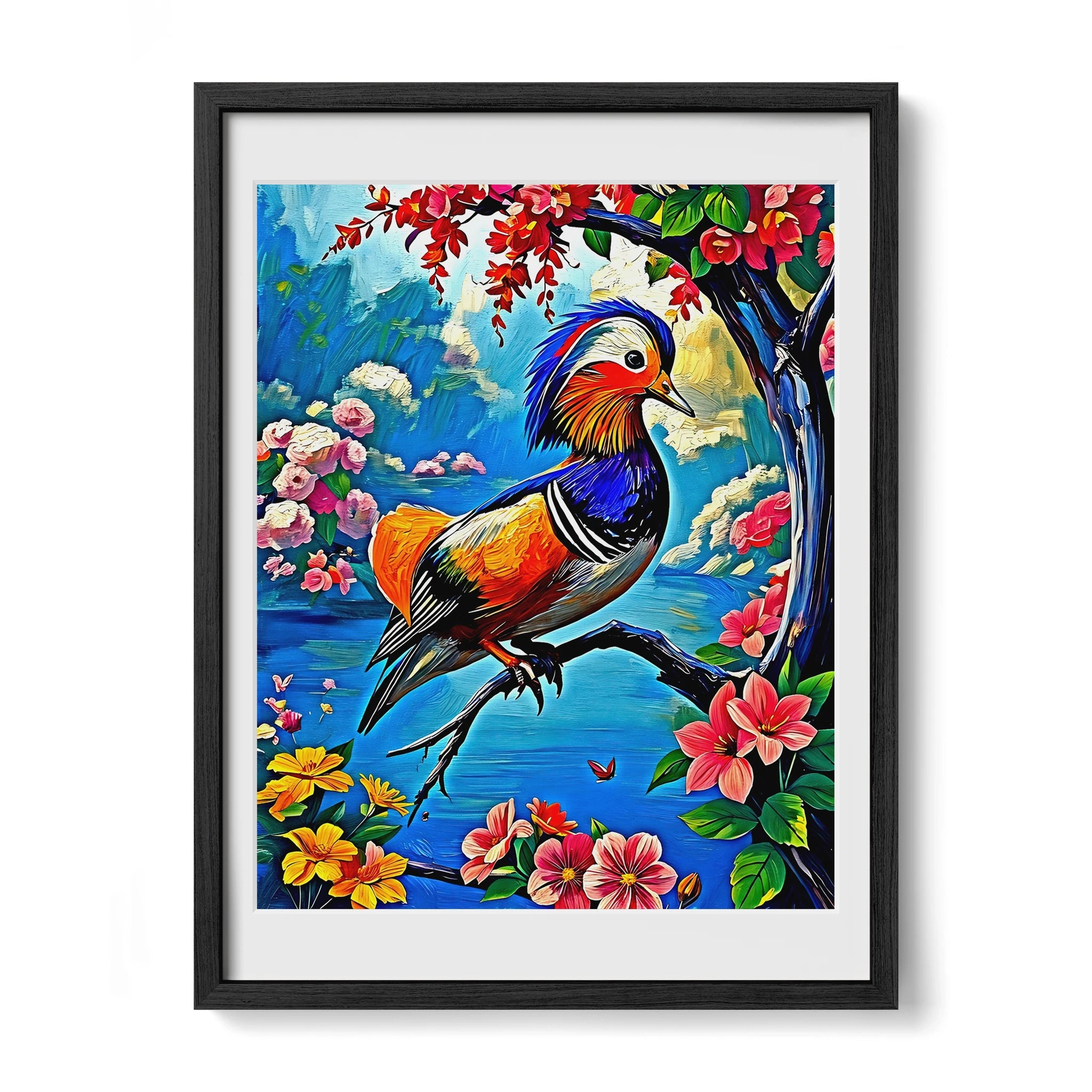 Mandarin Duck Aix Galericulata-Framed Paper Print-452223 Black Premium Oak Mats Visual Wall Art Framed Print