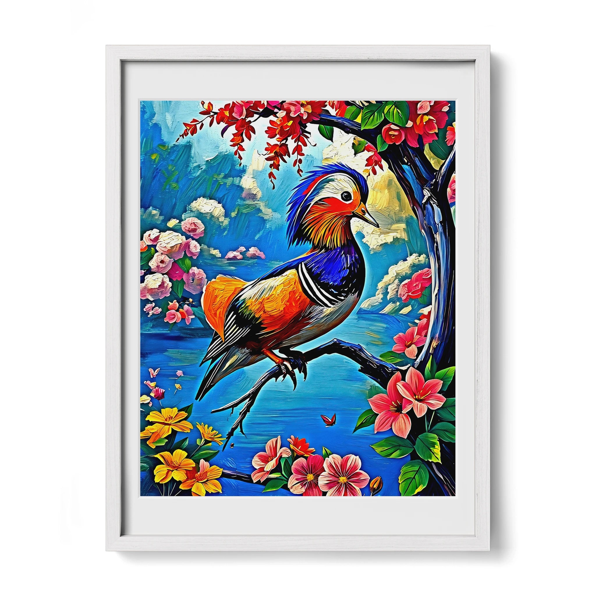 Mandarin Duck Aix Galericulata-Framed Paper Print-452223 White Premium Oak Mats Visual Wall Art Framed Print