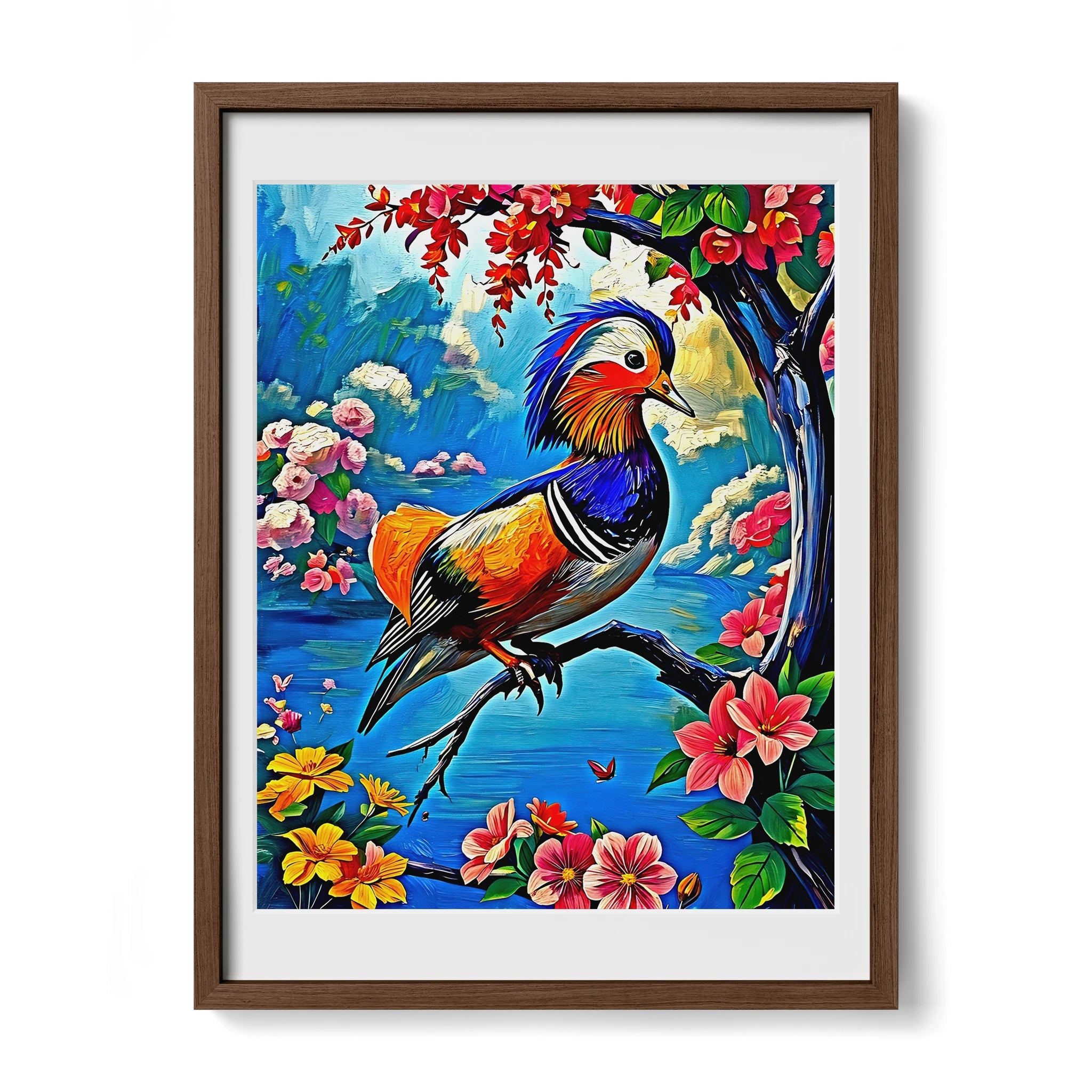 Mandarin Duck Aix Galericulata-Framed Paper Print-452223 Walnut Premium Oak Mats Visual Wall Art Framed Print