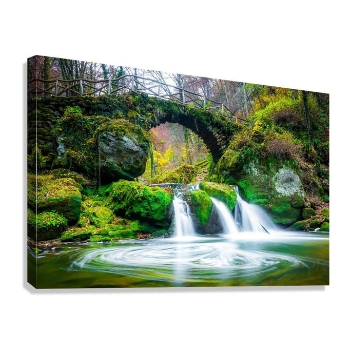 Mystical Forest Bridge Waterfall Giclée Print 32616 Giclée Stretched Canvas Print Visual Wall Art