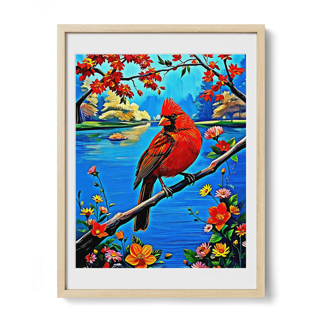 Northern Cardinal Cardinalis Cardinal-Framed Paper Print-452225 Natural Premium Oak Mats Visual Wall Art Framed Print
