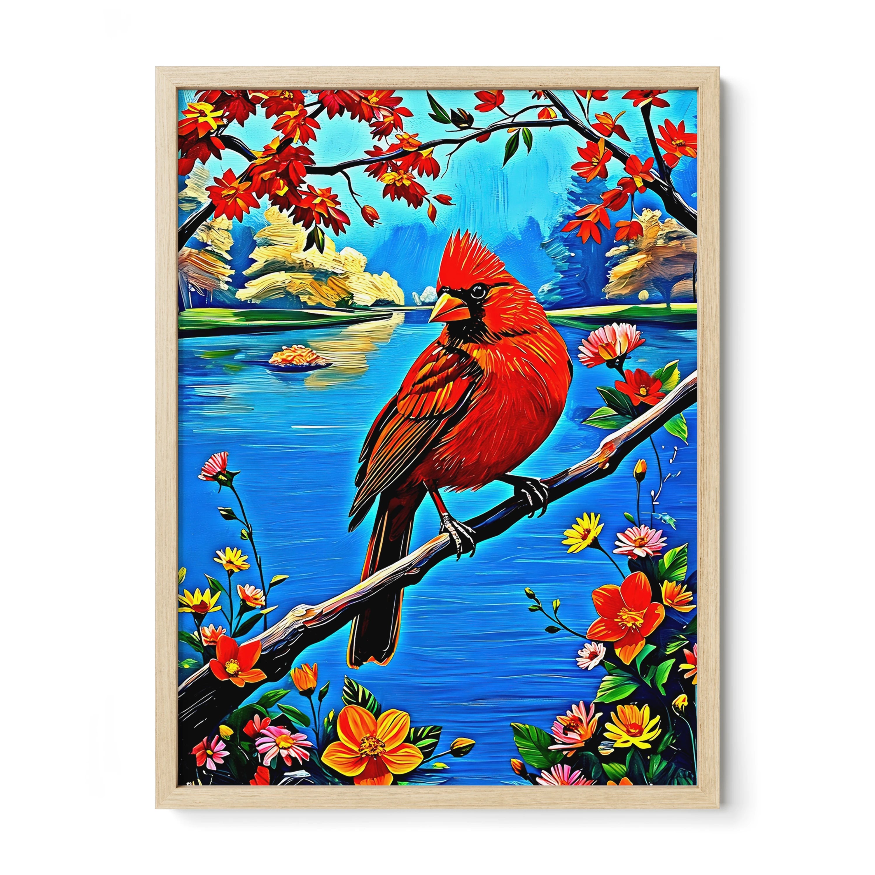 Northern Cardinal Cardinalis Cardinal-Framed Paper Print-452225 Natural Premium Oak No Mats Visual Wall Art Framed Print