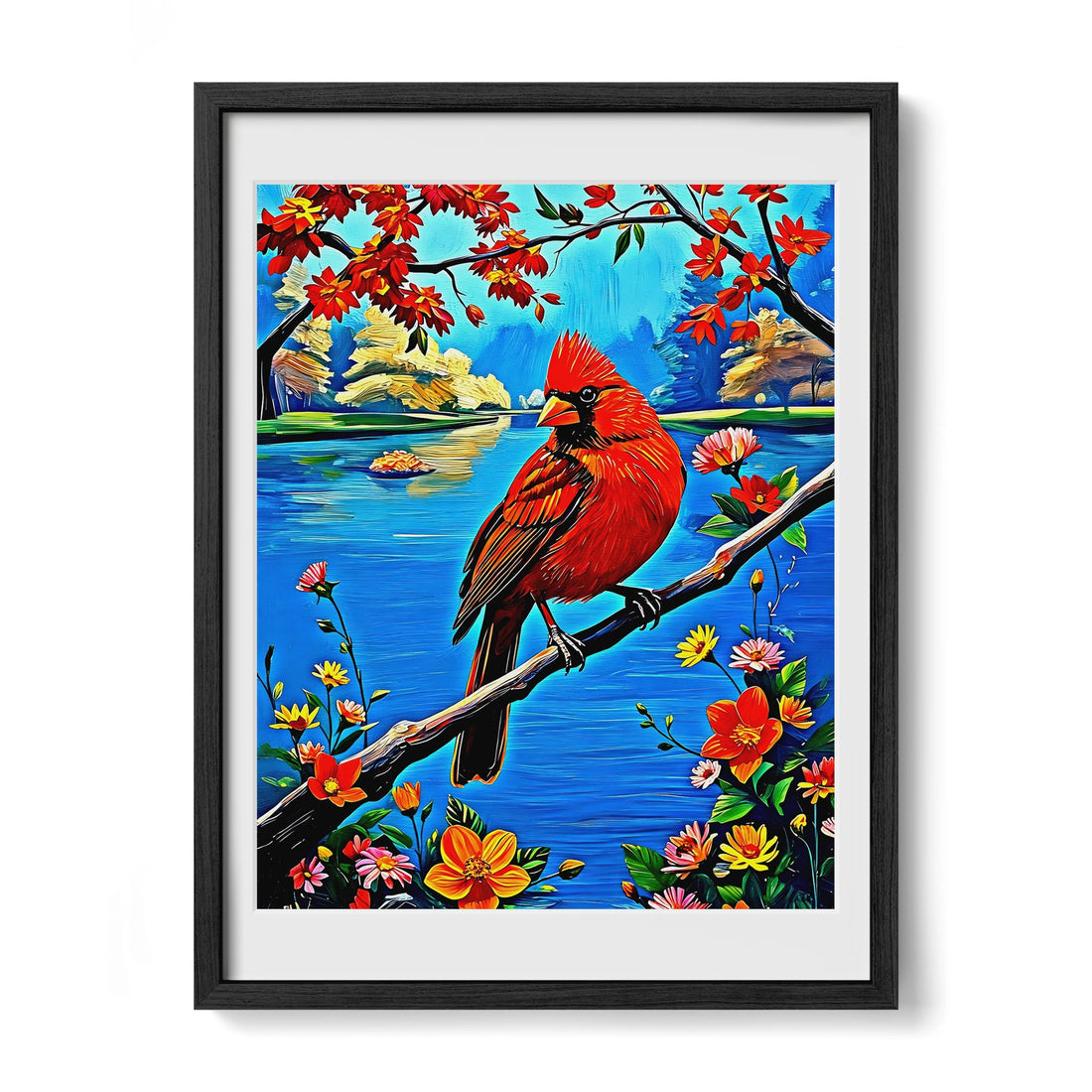 Northern Cardinal Cardinalis Cardinal-Framed Paper Print-452225 Black Premium Oak Mats Visual Wall Art Framed Print