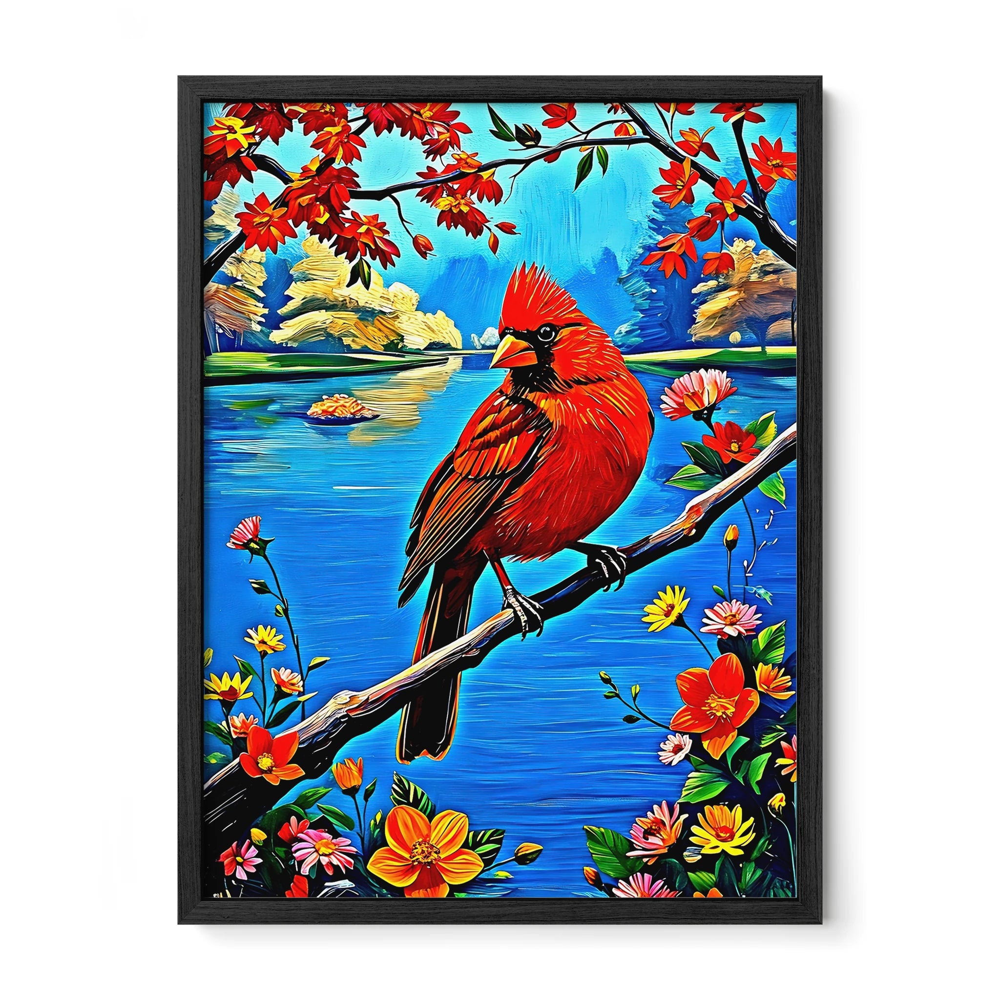 Northern Cardinal Cardinalis Cardinal-Framed Paper Print-452225 Black Premium Oak No Mats Visual Wall Art Framed Print