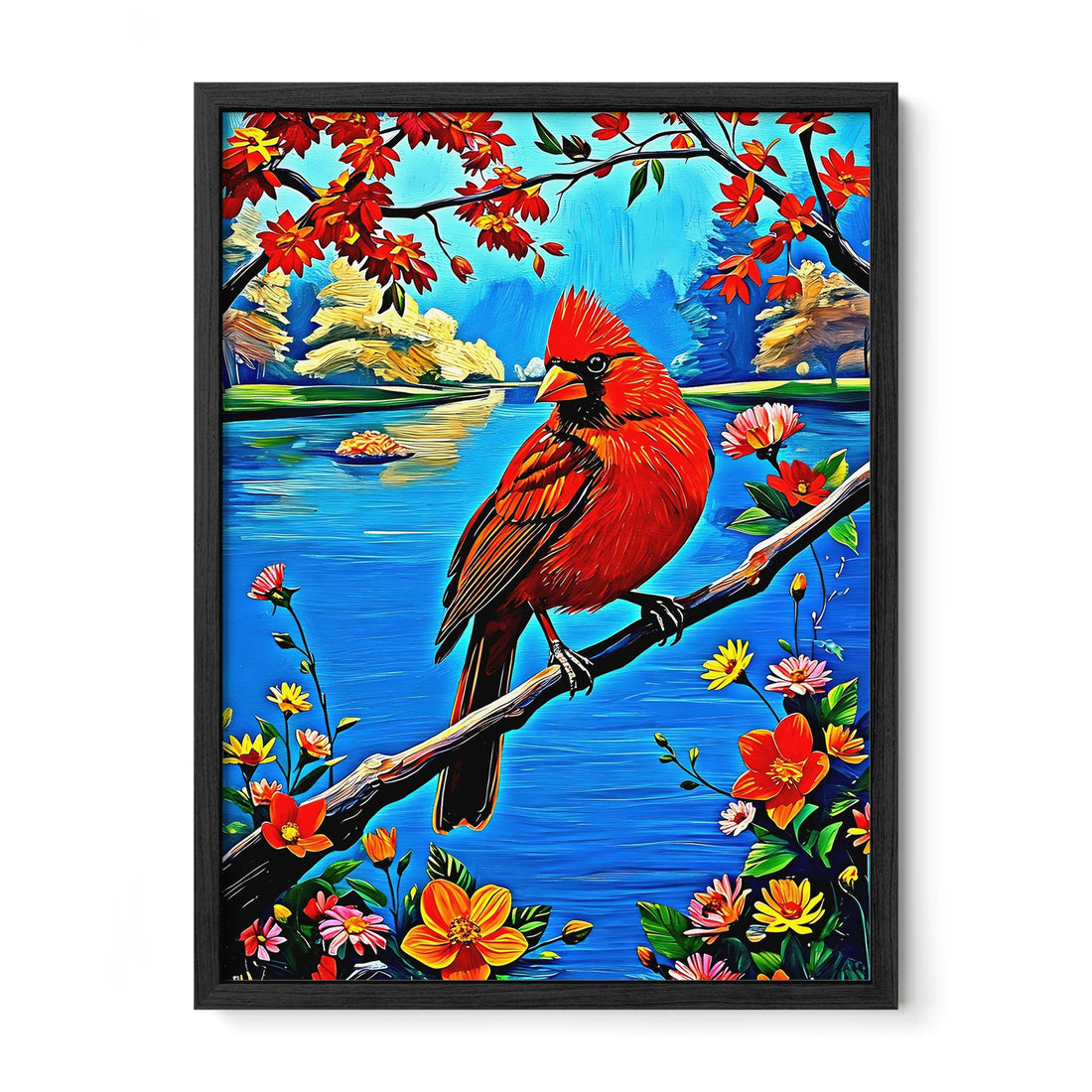 Northern Cardinal Cardinalis Cardinal-Framed Paper Print-452225 Black Premium Oak No Mats Visual Wall Art Framed Print