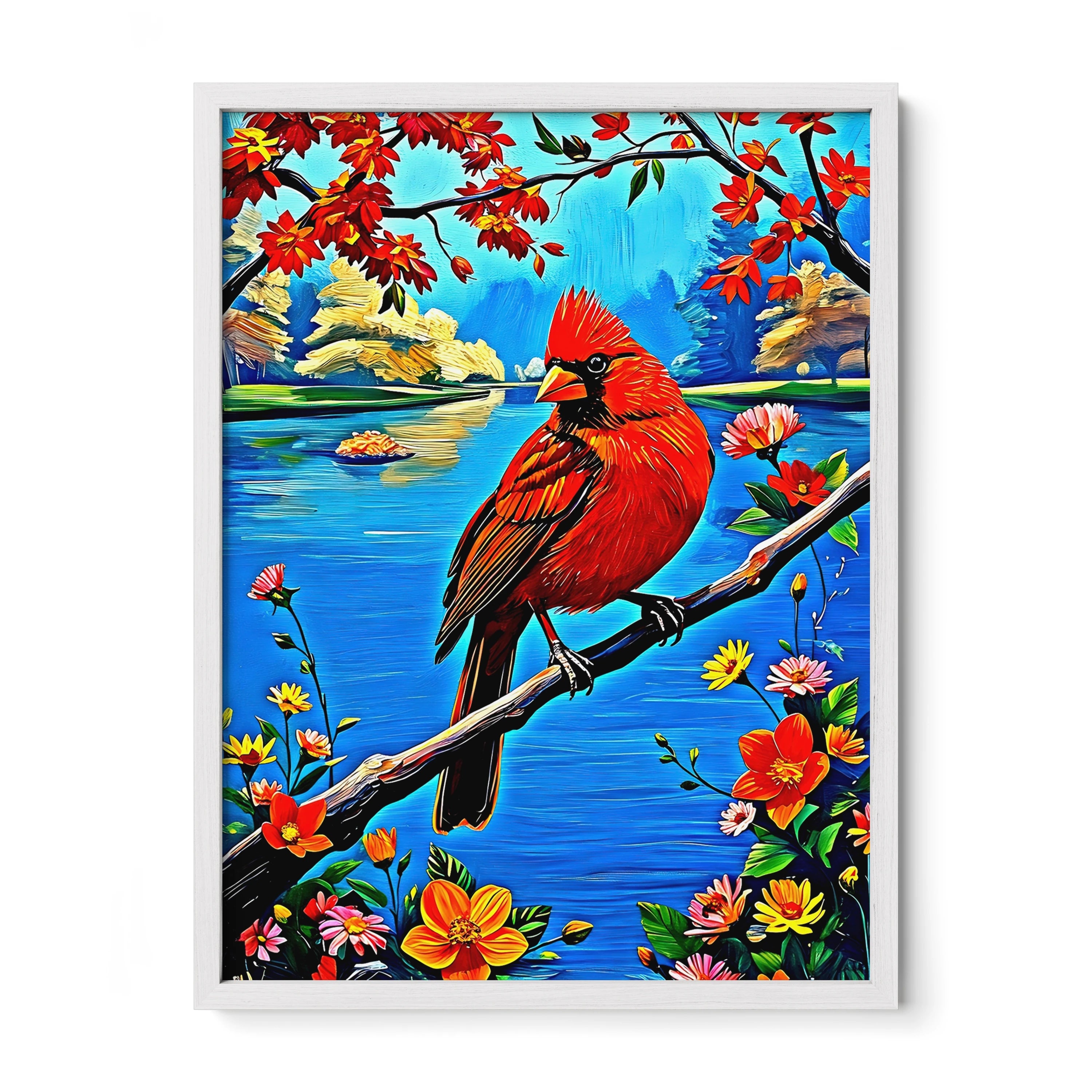 Northern Cardinal Cardinalis Cardinal-Framed Paper Print-452225 White Premium Oak No Mats Visual Wall Art Framed Print