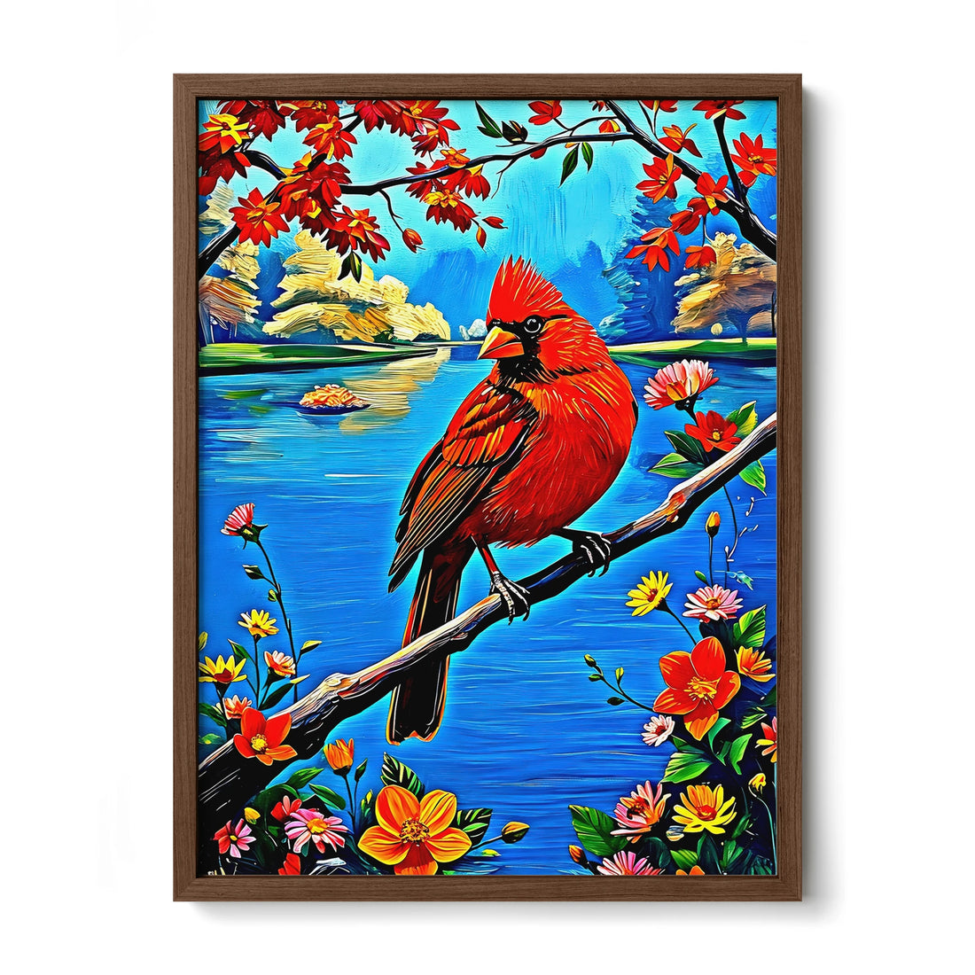 Northern Cardinal Cardinalis Cardinal-Framed Paper Print-452225 Walnut Premium Oak No Mats Visual Wall Art Framed Print