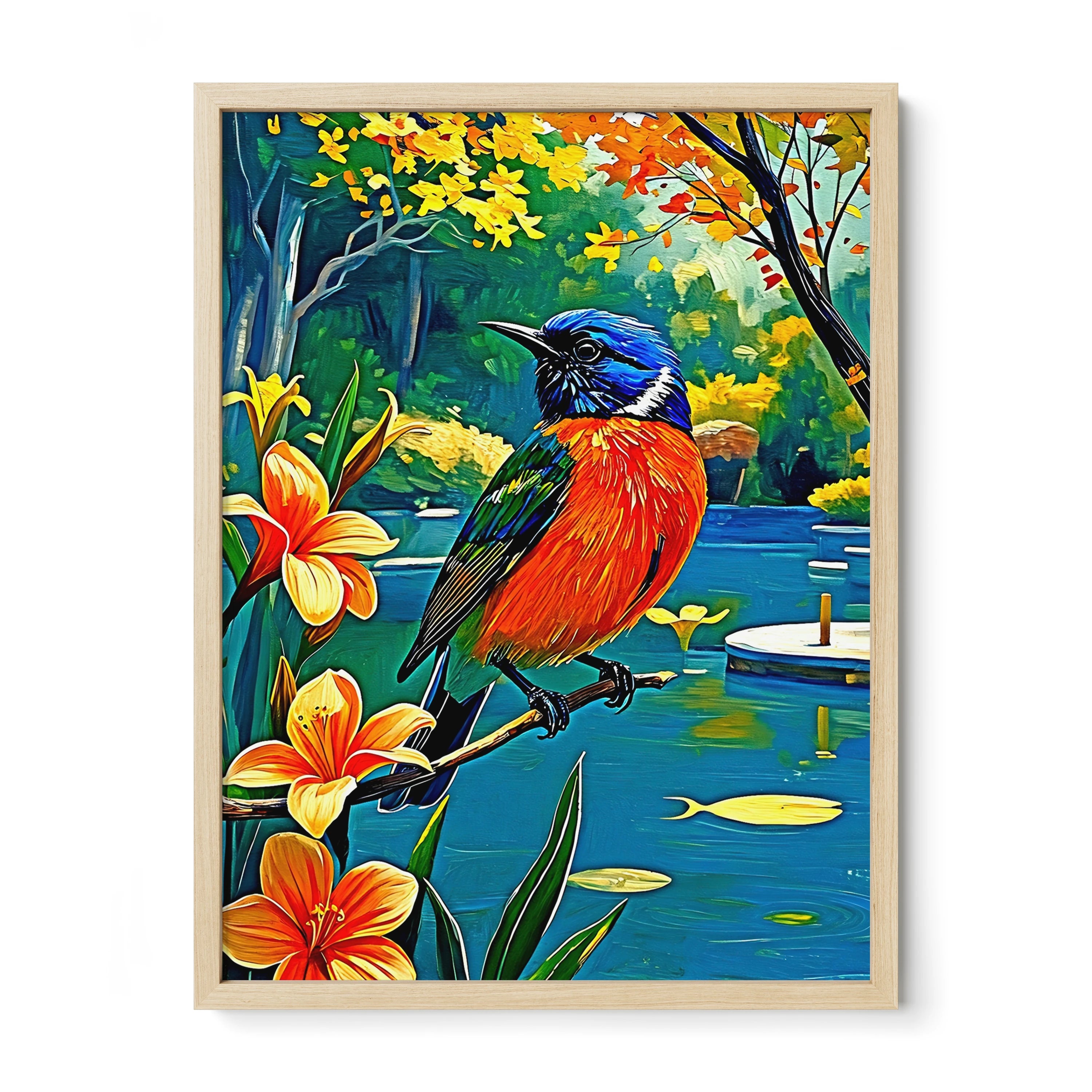 Painted Bunting Passerina Ciris-Framed Paper Print-452203 Natural Premium Oak No Mats Visual Wall Art Framed Print