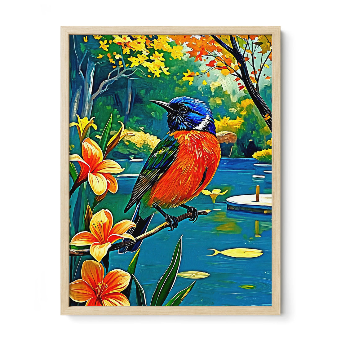 Painted Bunting Passerina Ciris-Framed Paper Print-452203 Natural Premium Oak No Mats Visual Wall Art Framed Print
