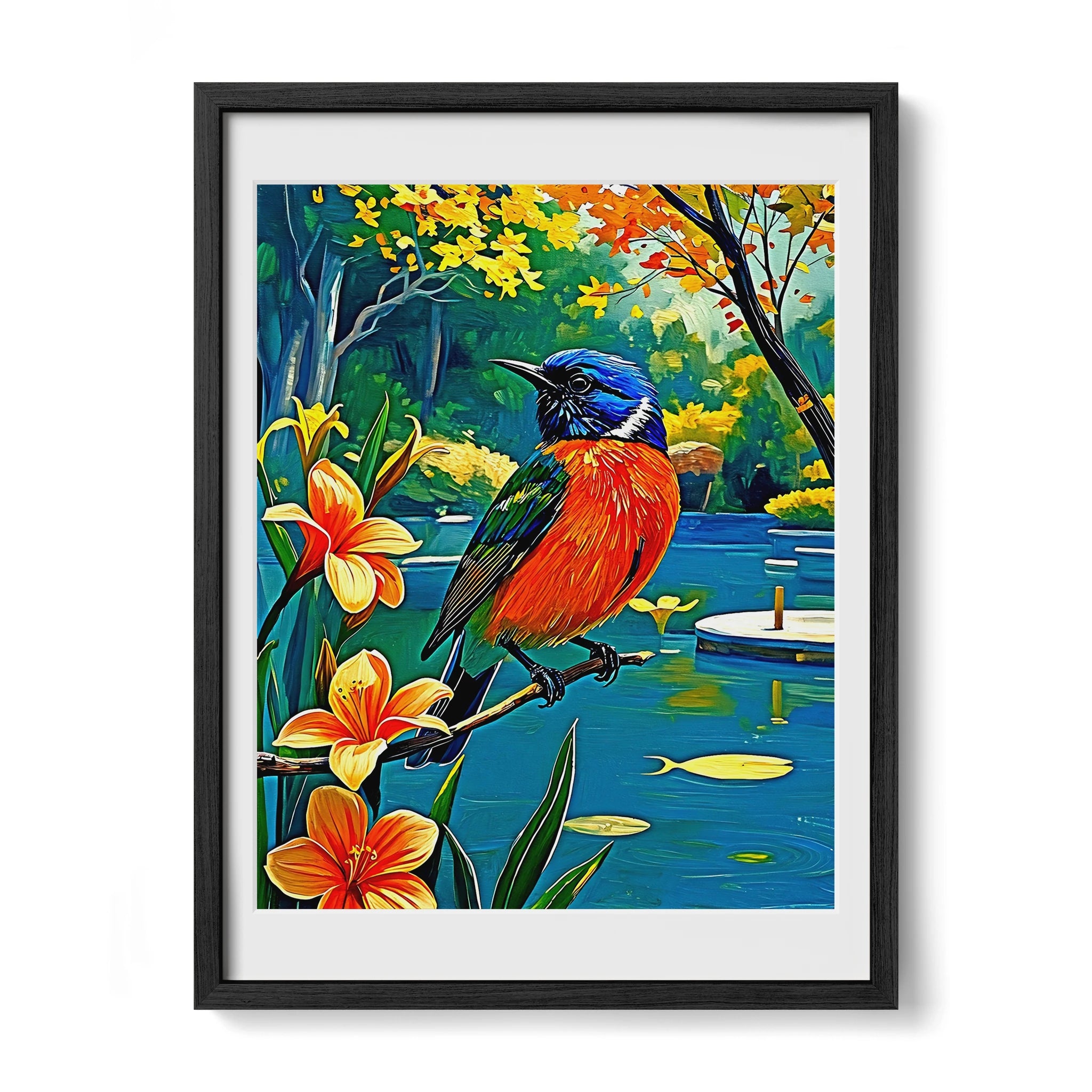 Painted Bunting Passerina Ciris-Framed Paper Print-452203 Black Premium Oak Mats Visual Wall Art Framed Print