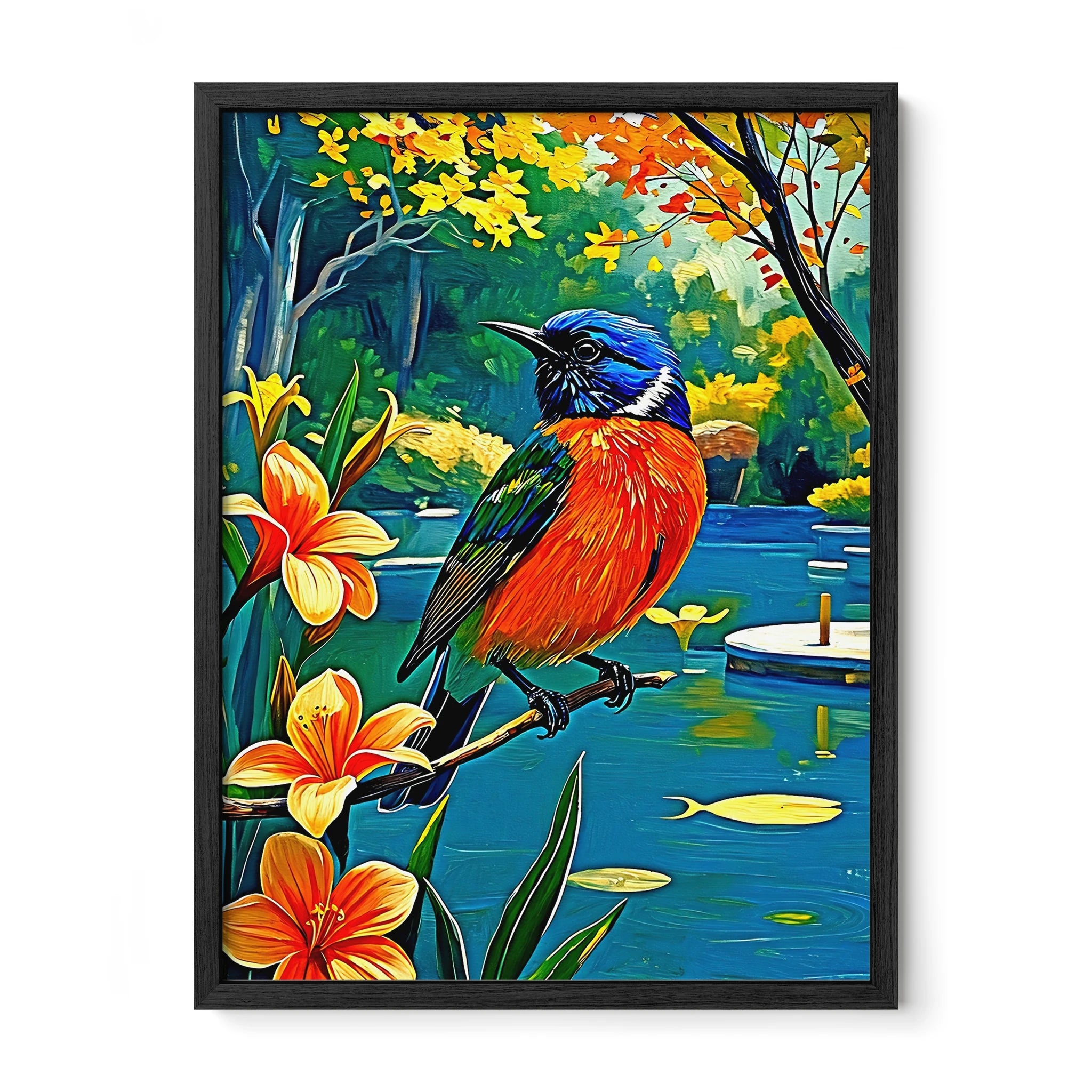 Painted Bunting Passerina Ciris-Framed Paper Print-452203 Black Premium Oak No Mats Visual Wall Art Framed Print