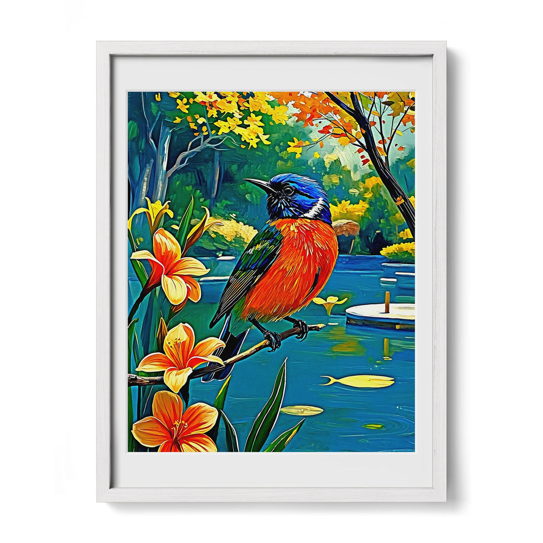 Painted Bunting Passerina Ciris-Framed Paper Print-452203 White Premium Oak Mats Visual Wall Art Framed Print