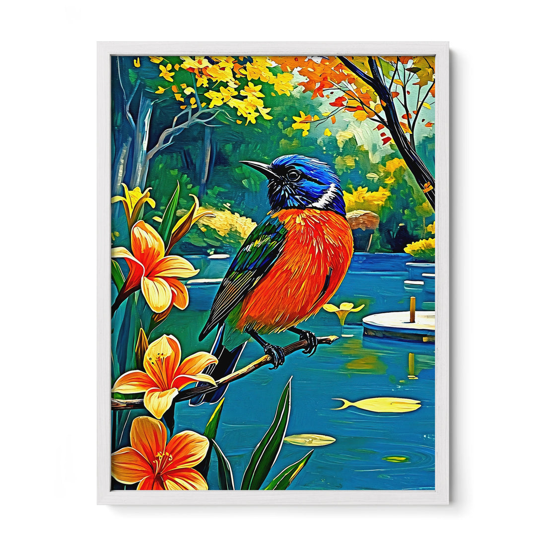 Painted Bunting Passerina Ciris-Framed Paper Print-452203 White Premium Oak No Mats Visual Wall Art Framed Print