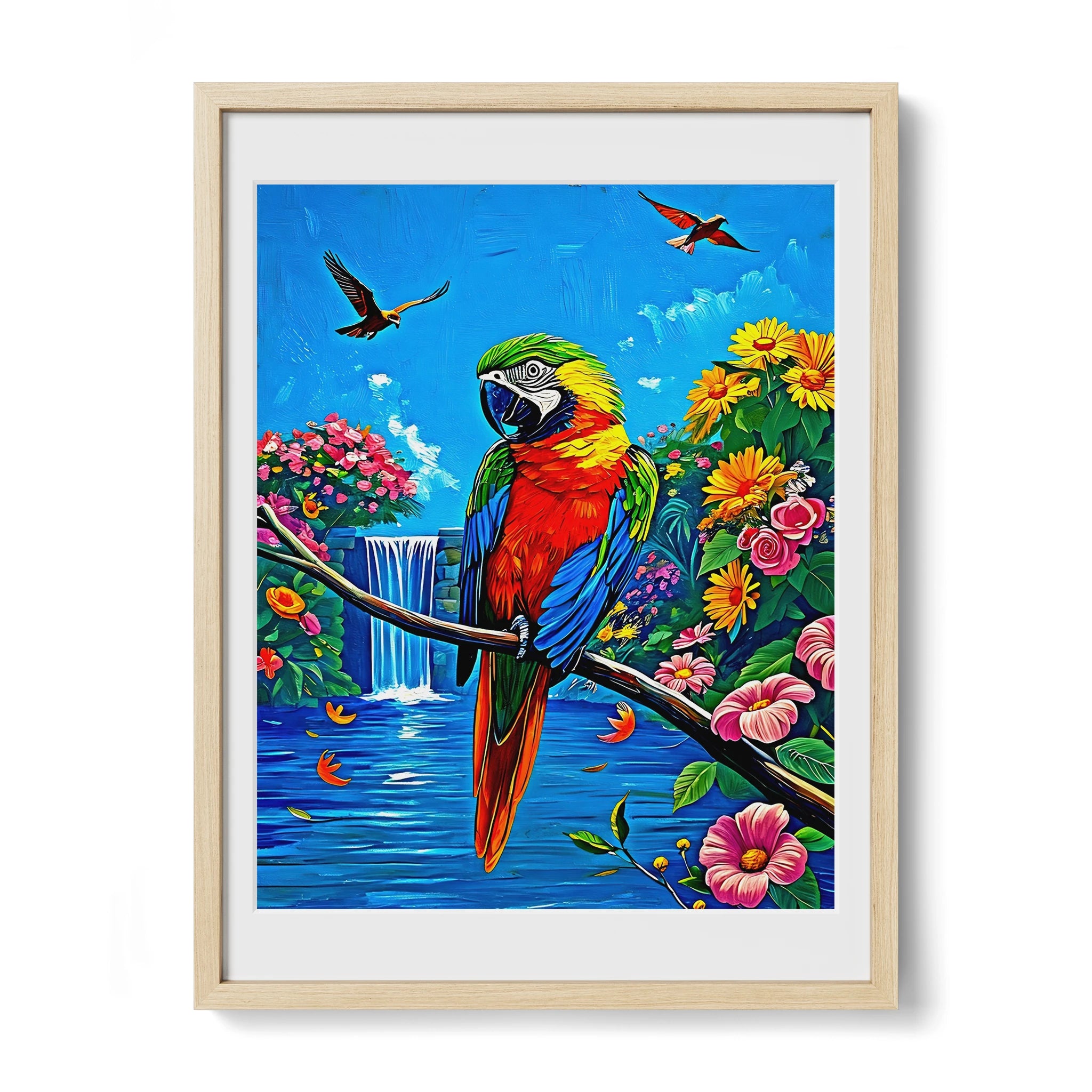 Parrot Psittaciformes Sitting-Framed Paper Print-452256 Natural Premium Oak Mats Visual Wall Art Framed Print
