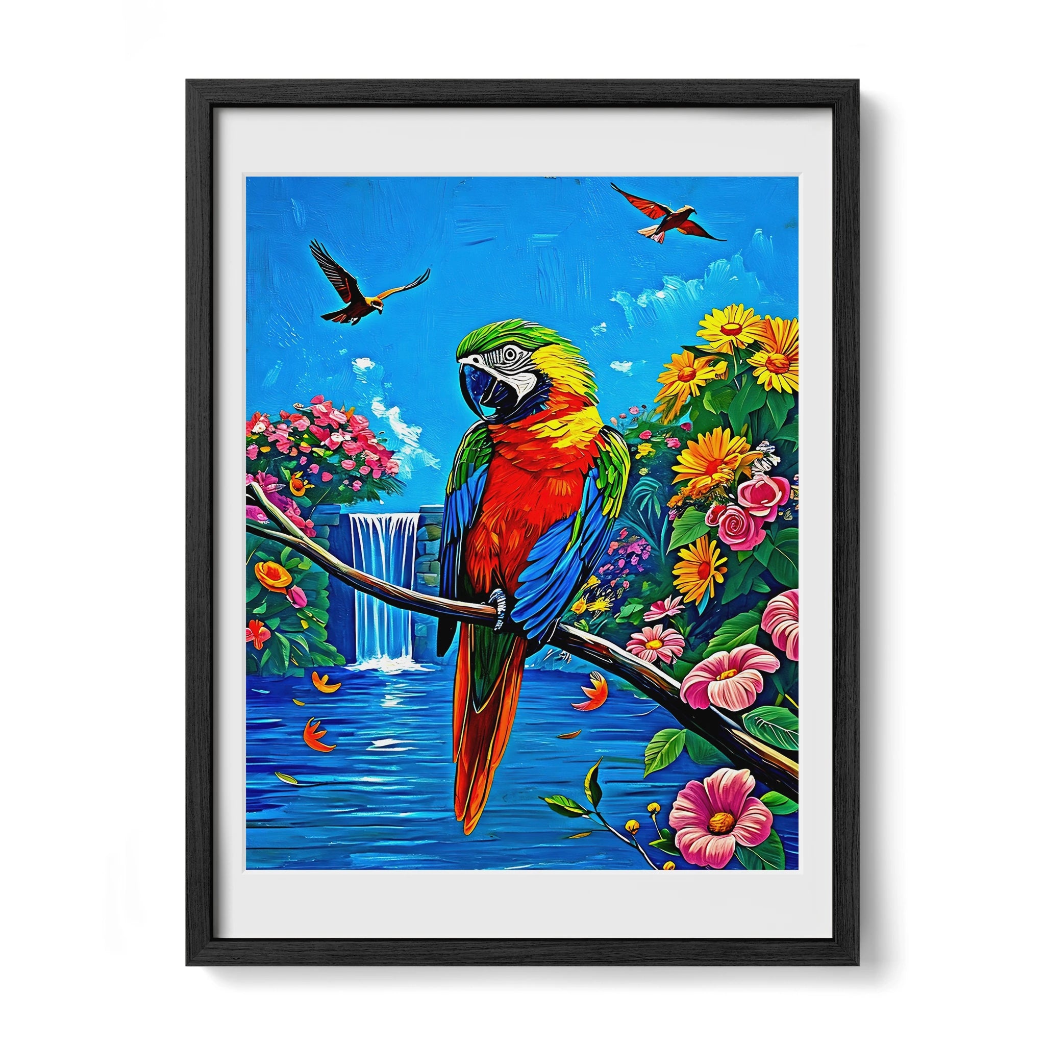 Parrot Psittaciformes Sitting-Framed Paper Print-452256 Black Premium Oak Mats Visual Wall Art Framed Print