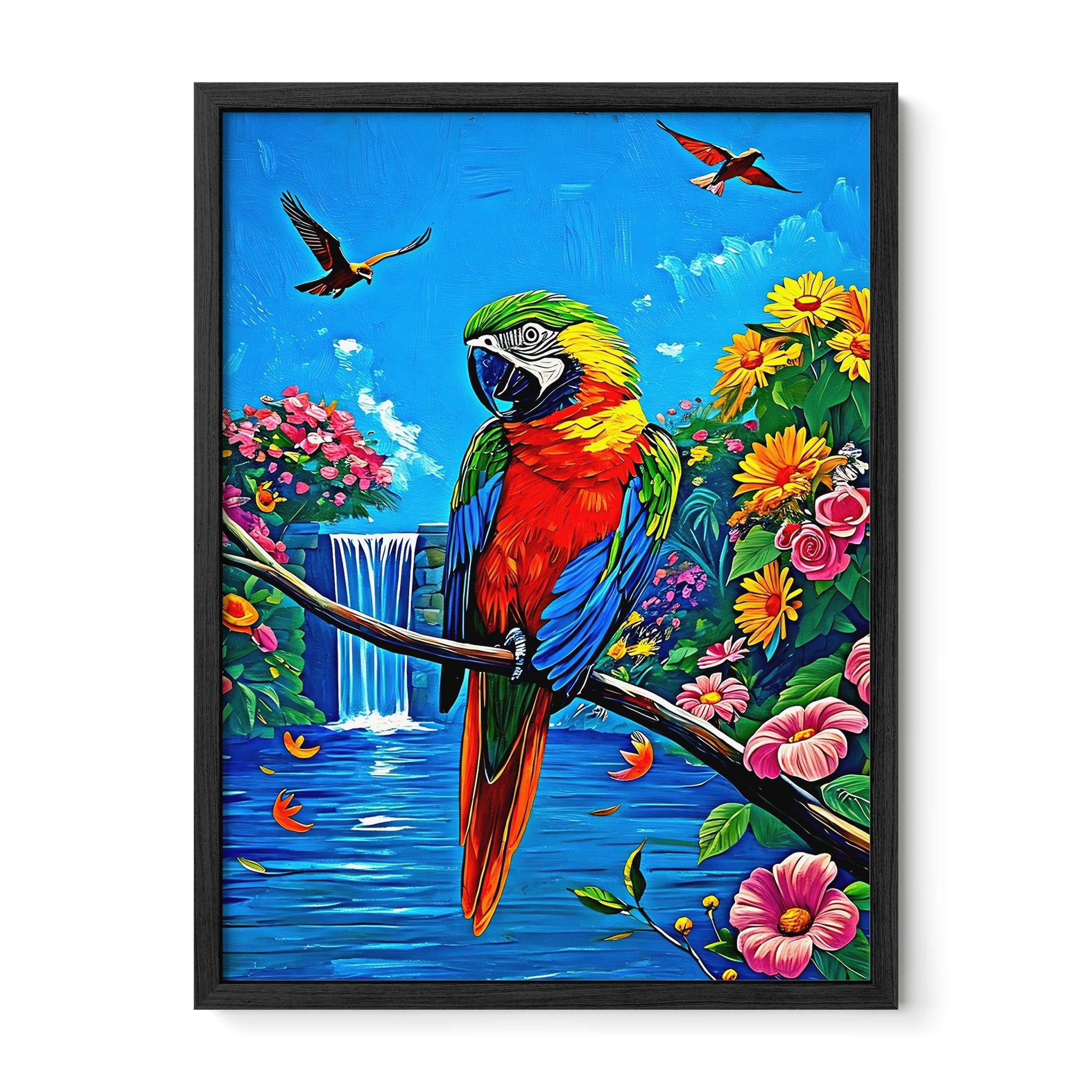 Parrot Psittaciformes Sitting-Framed Paper Print-452256 Black Premium Oak No Mats Visual Wall Art Framed Print