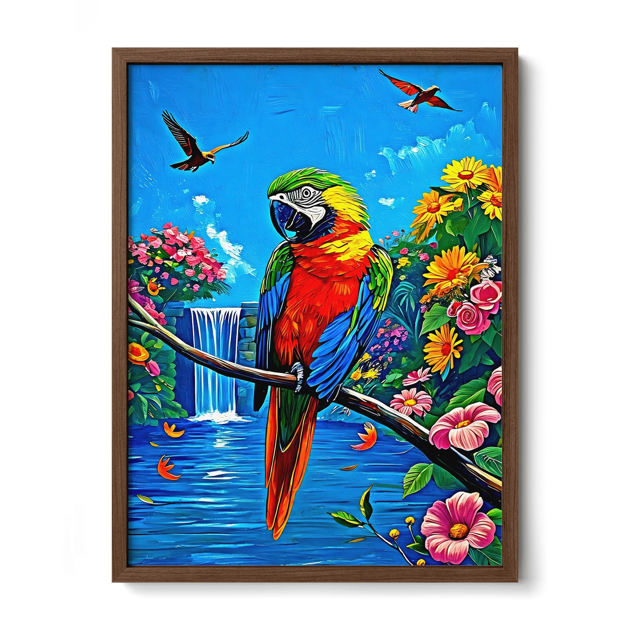 Parrot Psittaciformes Sitting-Framed Paper Print-452256 Walnut Premium Oak No Mats Visual Wall Art Framed Print