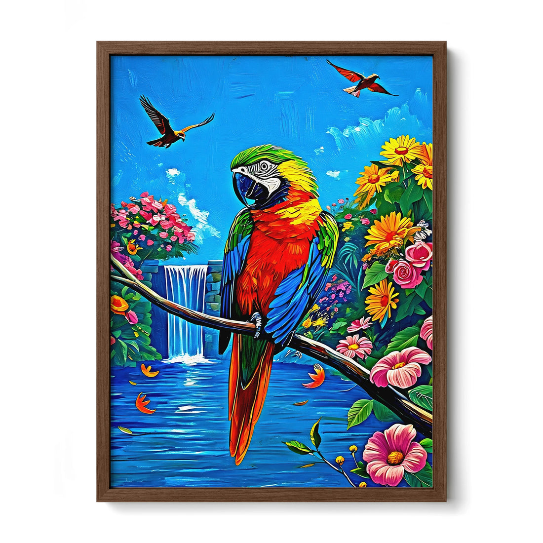 Parrot Psittaciformes Sitting-Framed Paper Print-452256 Walnut Premium Oak No Mats Visual Wall Art Framed Print