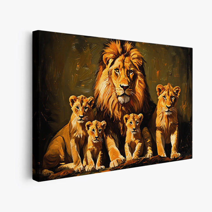 Canvas painting of a lion with four cubs against a dark background.